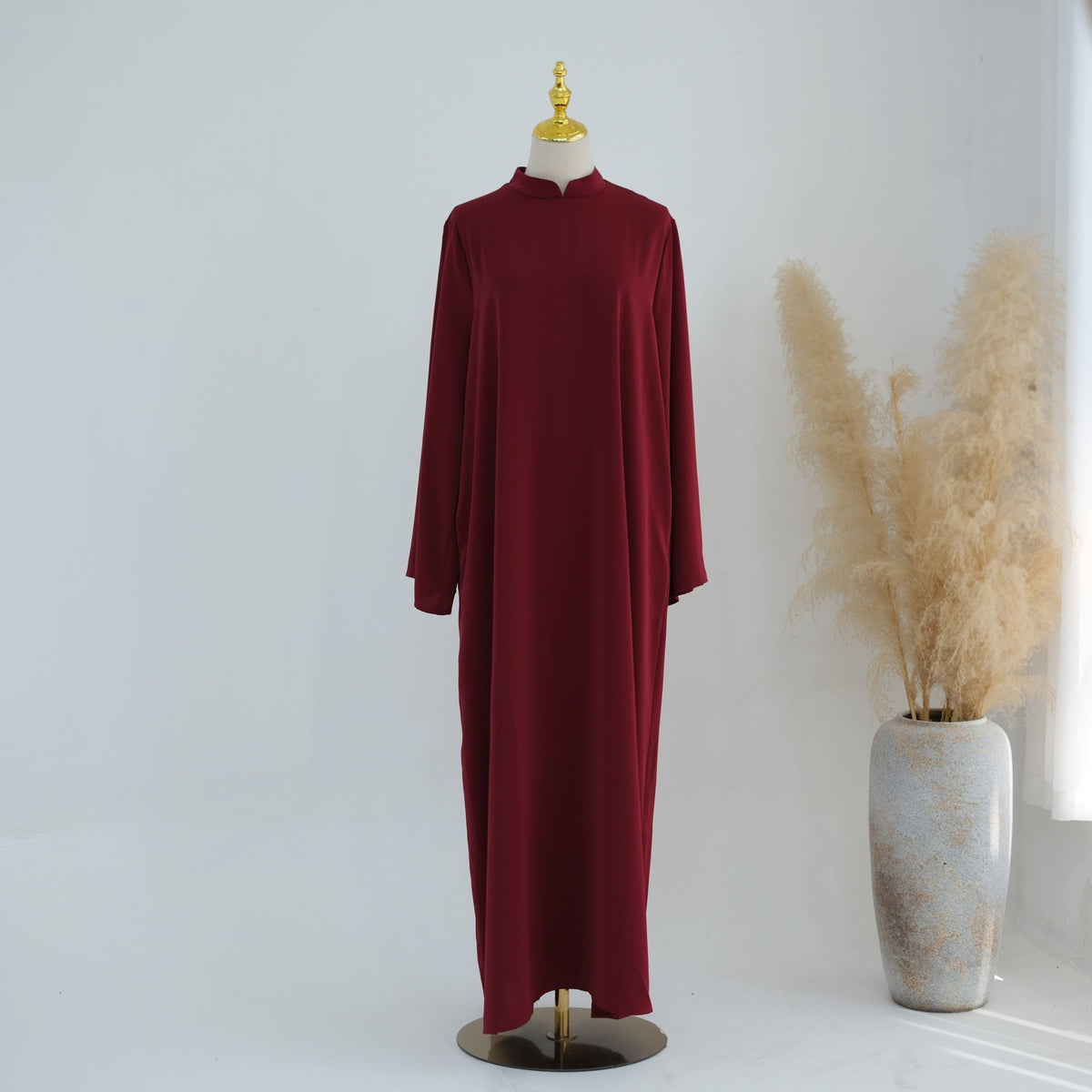 Stand-Collar Nida Maxi Dress | Long-Sleeve Belted Modest Dress(MA475) - Mariam's Collection
