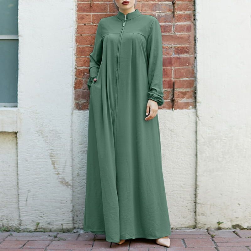 Stand - Collar Zipper Cardigan with Pockets | Modest Long Maxi Dress Abaya.(MA155) - Mariam's Collection