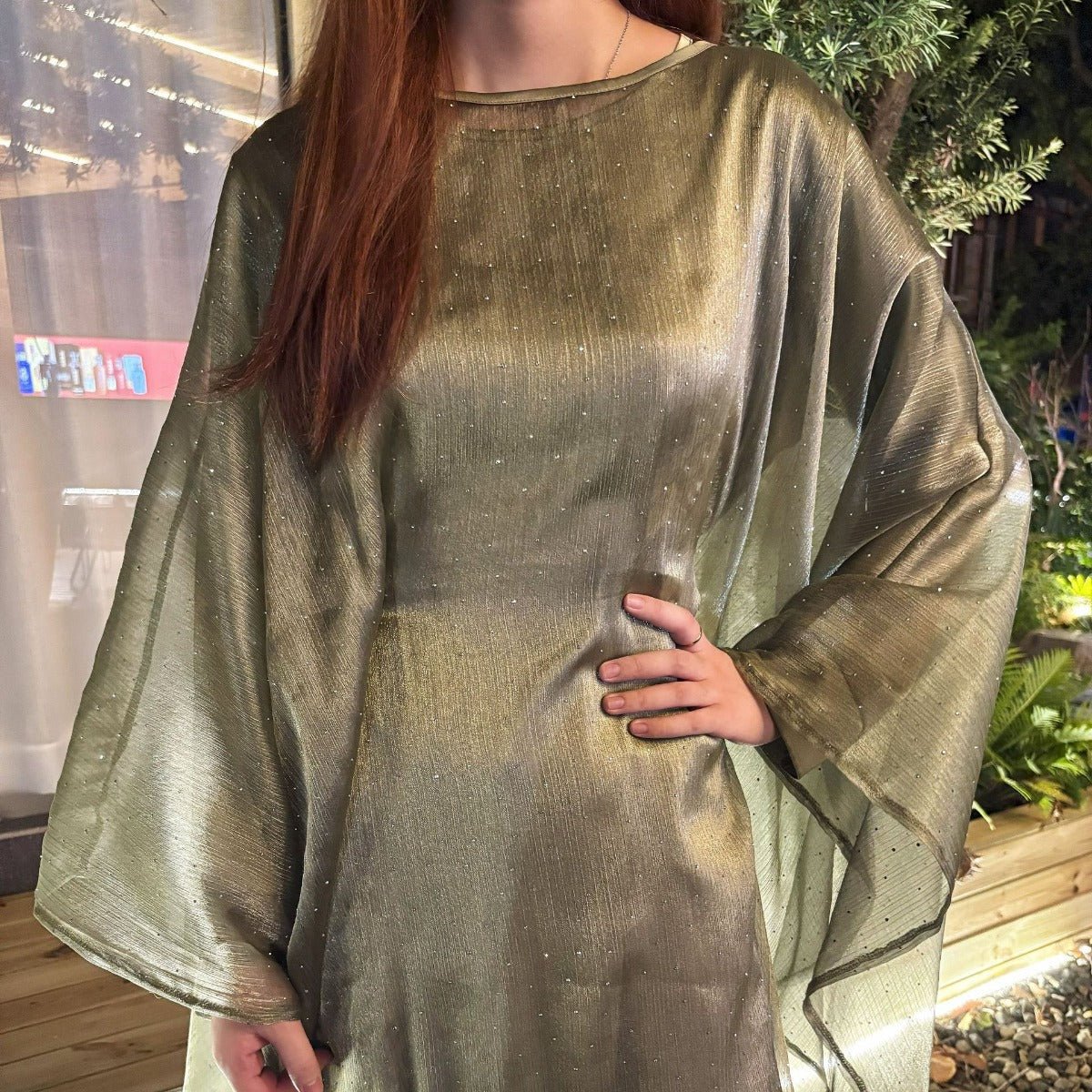 Olive Green Sequin Abaya Dress | Starry Night 2-Piece Maxi Dress with Flowing Cape