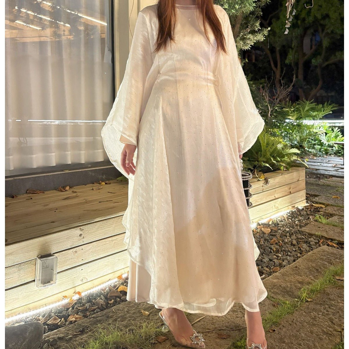 Starry Night Elegance Dress Luxury Party Wear | Olive Green Glitter Maxi with Bell Sleeves. (MA243) - Mariam's Collection