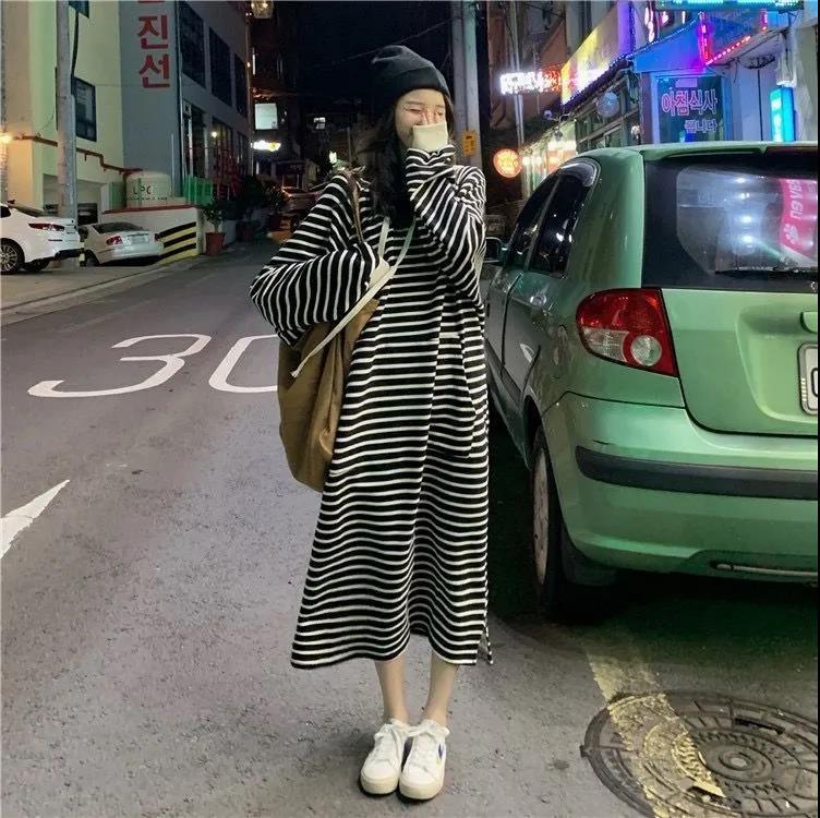 Striped Drawstring Hooded Long Sweater Dress (MS071) - Mariam's Collection White Stripe / One Size Fits All Striped Drawstring Hooded Long Sweater Dress (MS071) - Mariam's Collection White Stripe / One Size Fits All