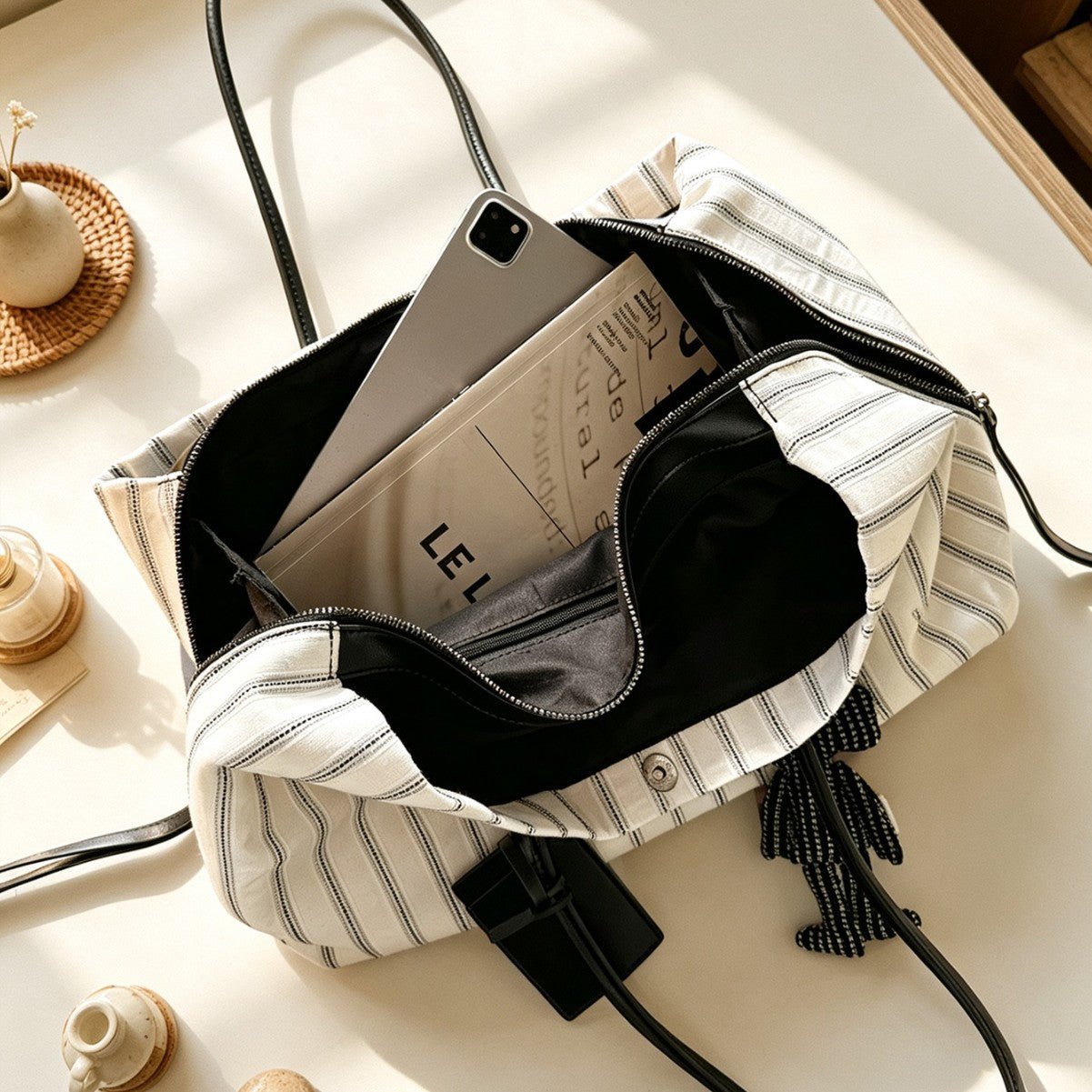 Striped Large Capacity Shoulder Tote Bag | Casual Commuter Bag(MAC484) - Mariam's Collection