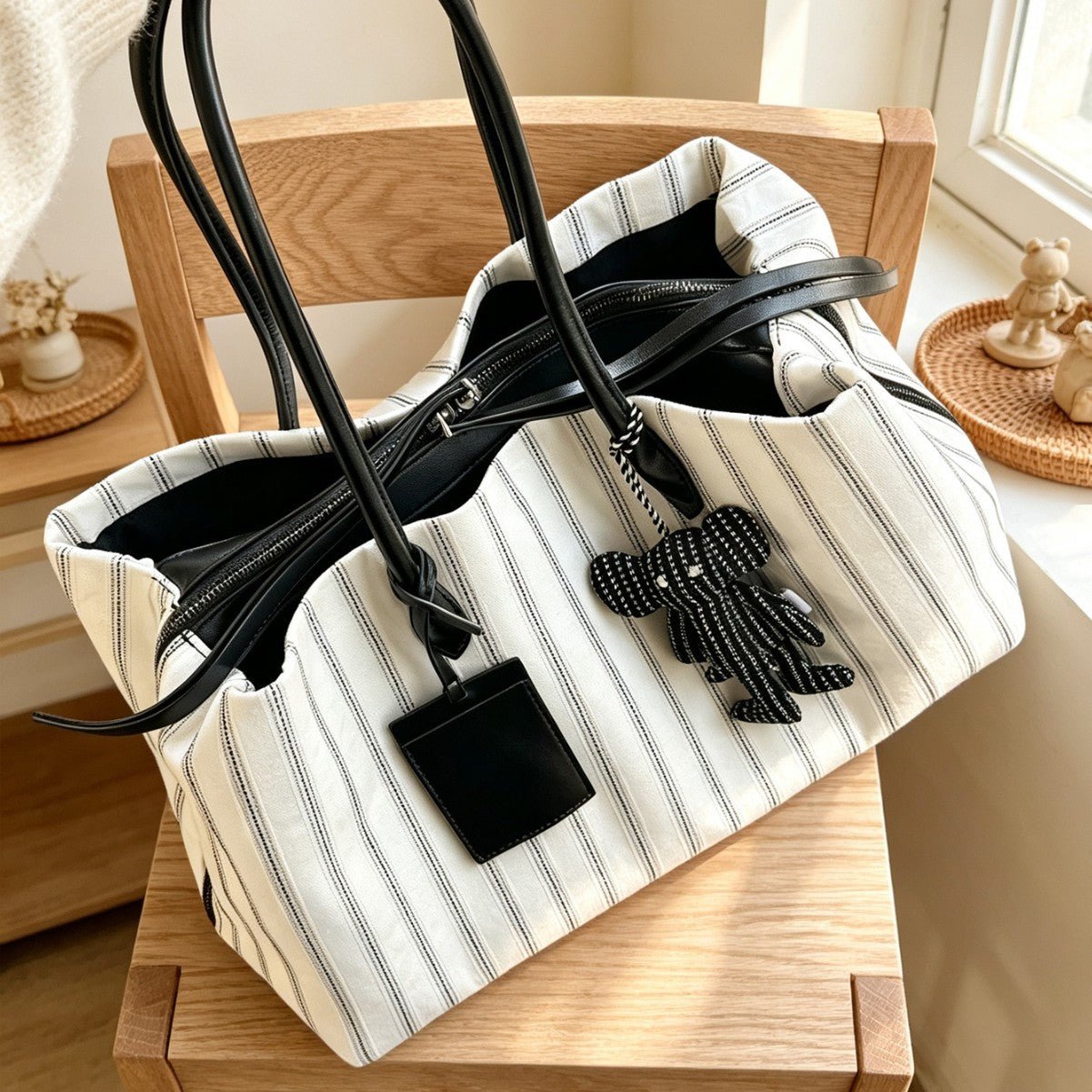 Striped Large Capacity Shoulder Tote Bag | Casual Commuter Bag(MAC484) - Mariam's Collection