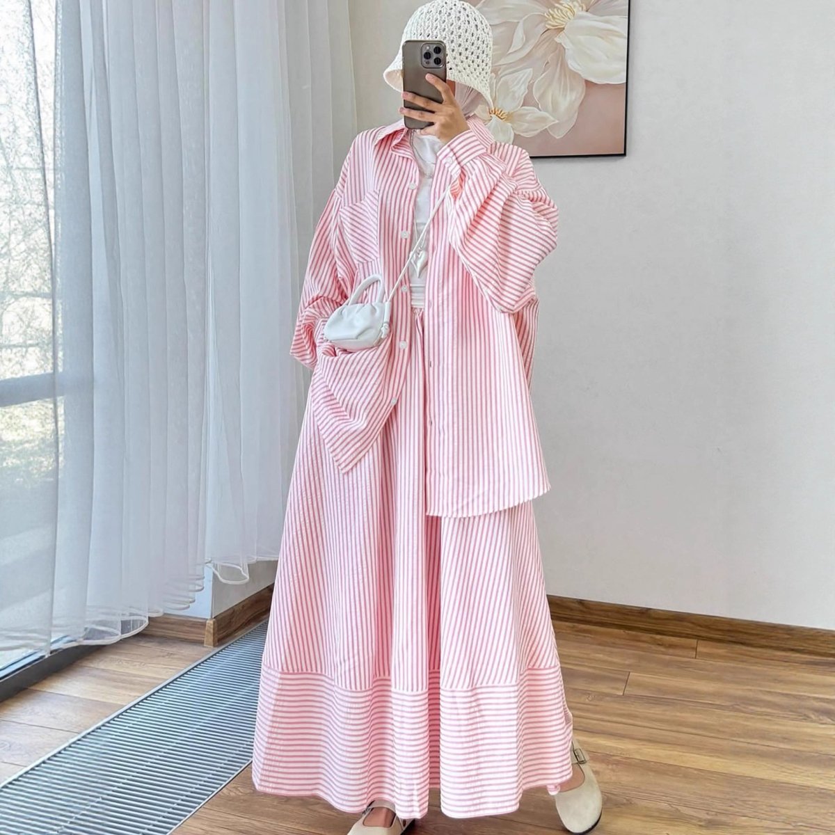 Striped Oversized Shirt & Maxi Skirt Set(MS374) - Mariam's Collection