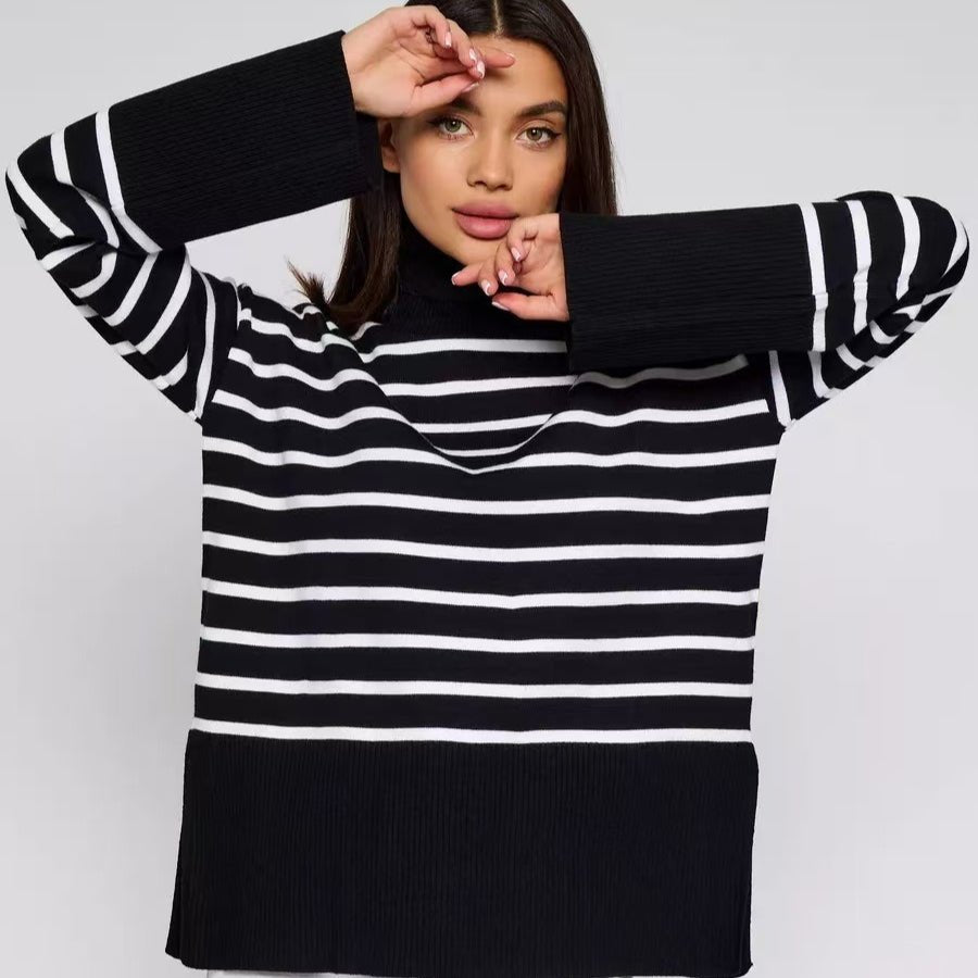 Striped Turtleneck Sweater | Oversized Colorblock Pullover(MS252) - Mariam's Collection