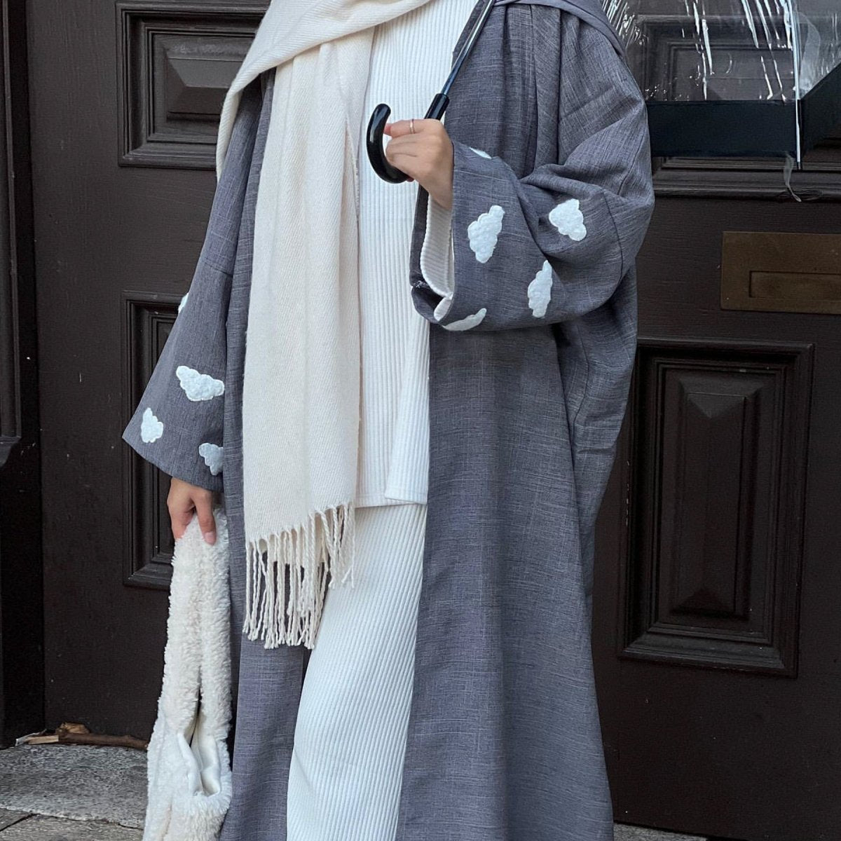 Stylish Cloud Embroidered Elegant Cardigan Abaya (MOA053) - Mariam's Collection