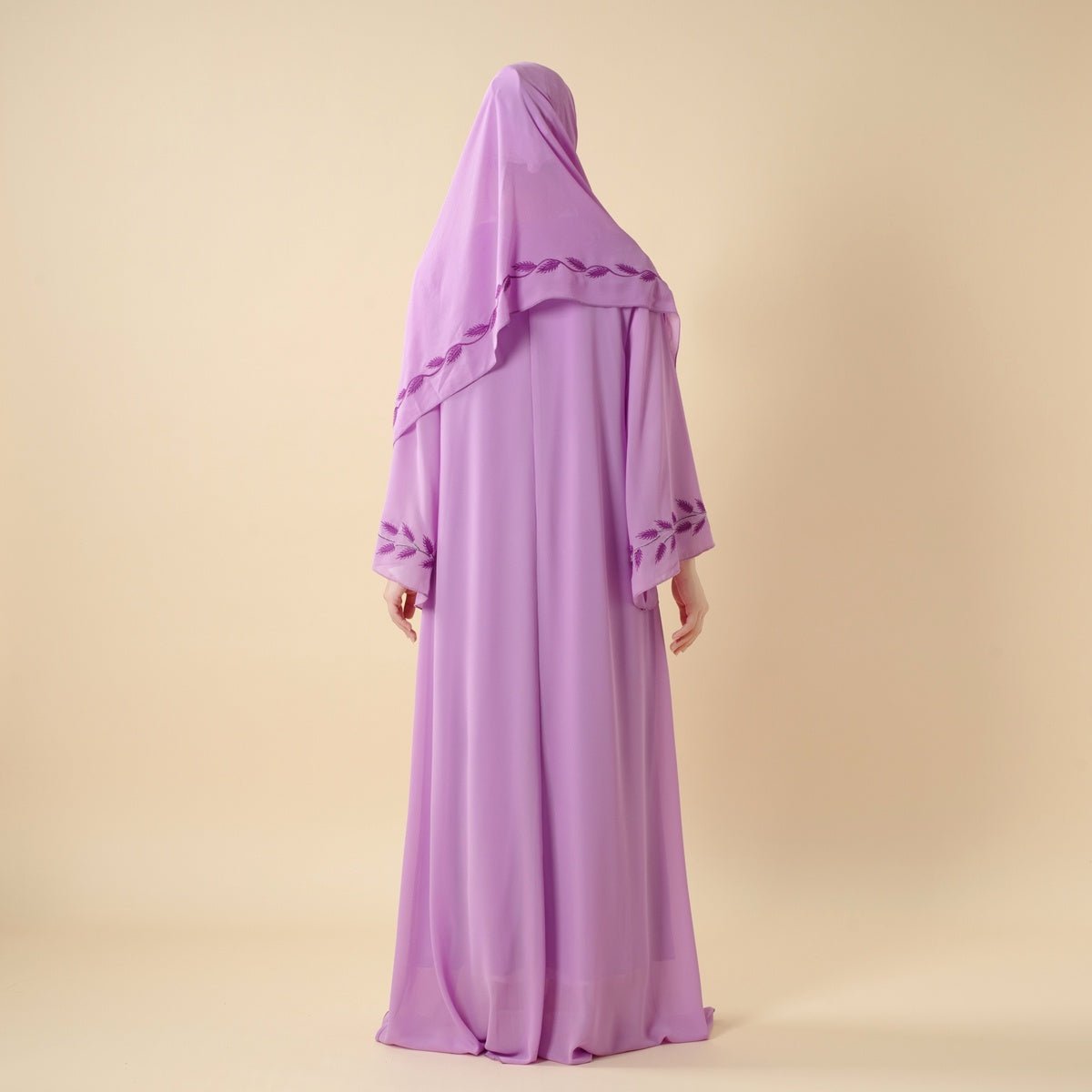 Summer Floral Embroidered Elegant Crew Neck Long Sleeve Chiffon Abaya Dress with Matching Headscarf. (MA230) - Mariam's Collection