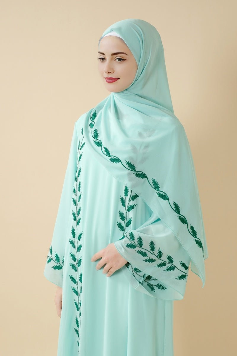 Summer Floral Embroidered Elegant Crew Neck Long Sleeve Chiffon Abaya Dress with Matching Headscarf. (MA230) - Mariam's Collection