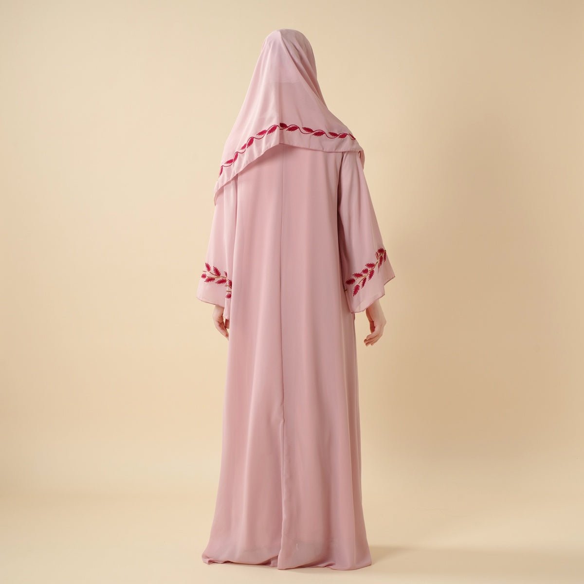 Summer Floral Embroidered Elegant Crew Neck Long Sleeve Chiffon Abaya Dress with Matching Headscarf. (MA230) - Mariam's Collection