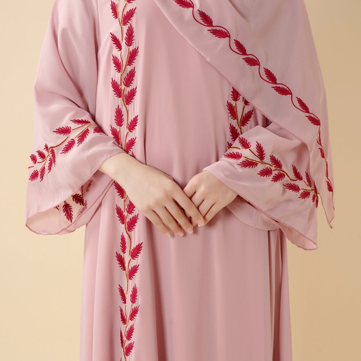 Summer Floral Embroidered Elegant Crew Neck Long Sleeve Chiffon Abaya Dress with Matching Headscarf. (MA230) - Mariam's Collection