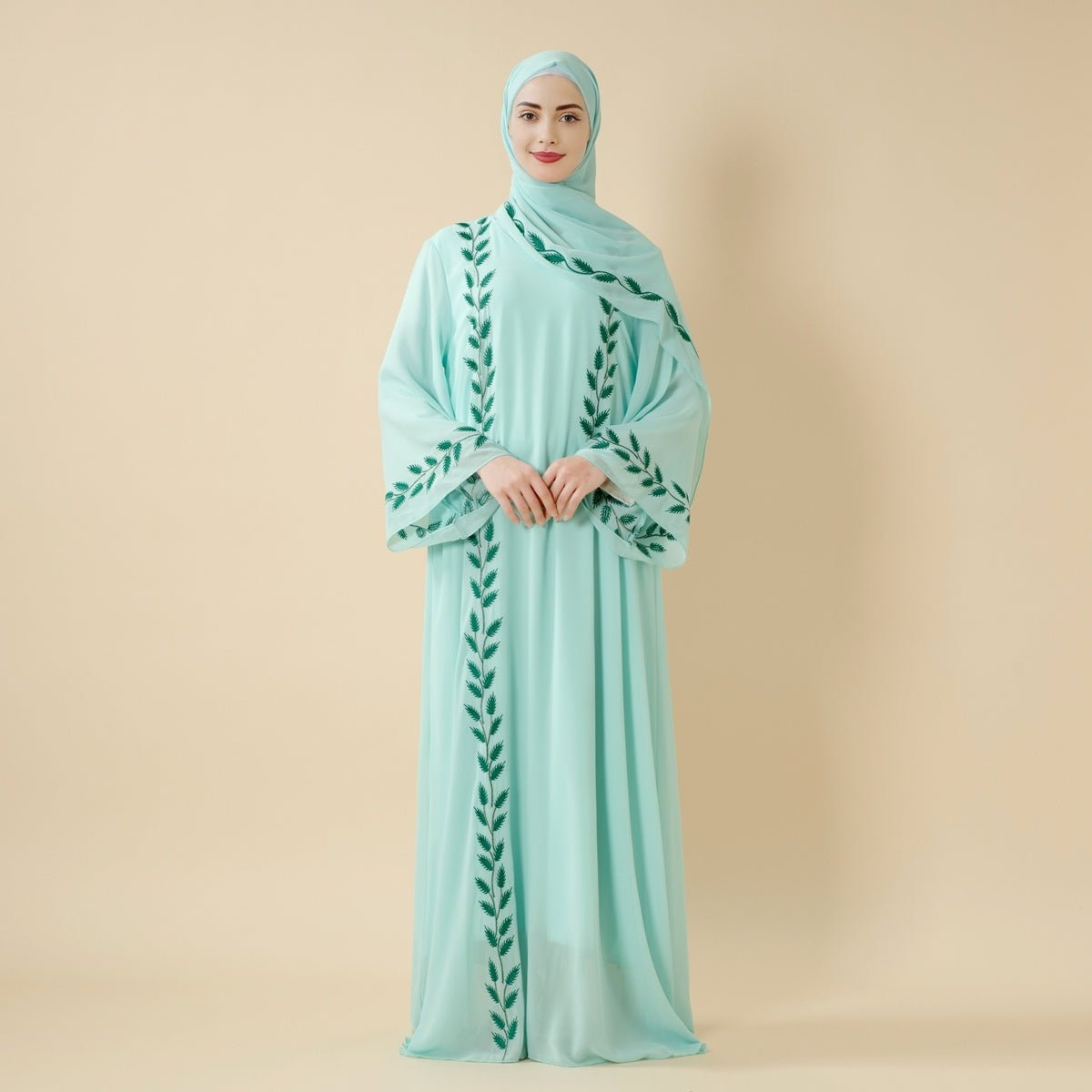 Summer Floral Embroidered Elegant Crew Neck Long Sleeve Chiffon Abaya Dress with Matching Headscarf. (MA230) - Mariam's Collection