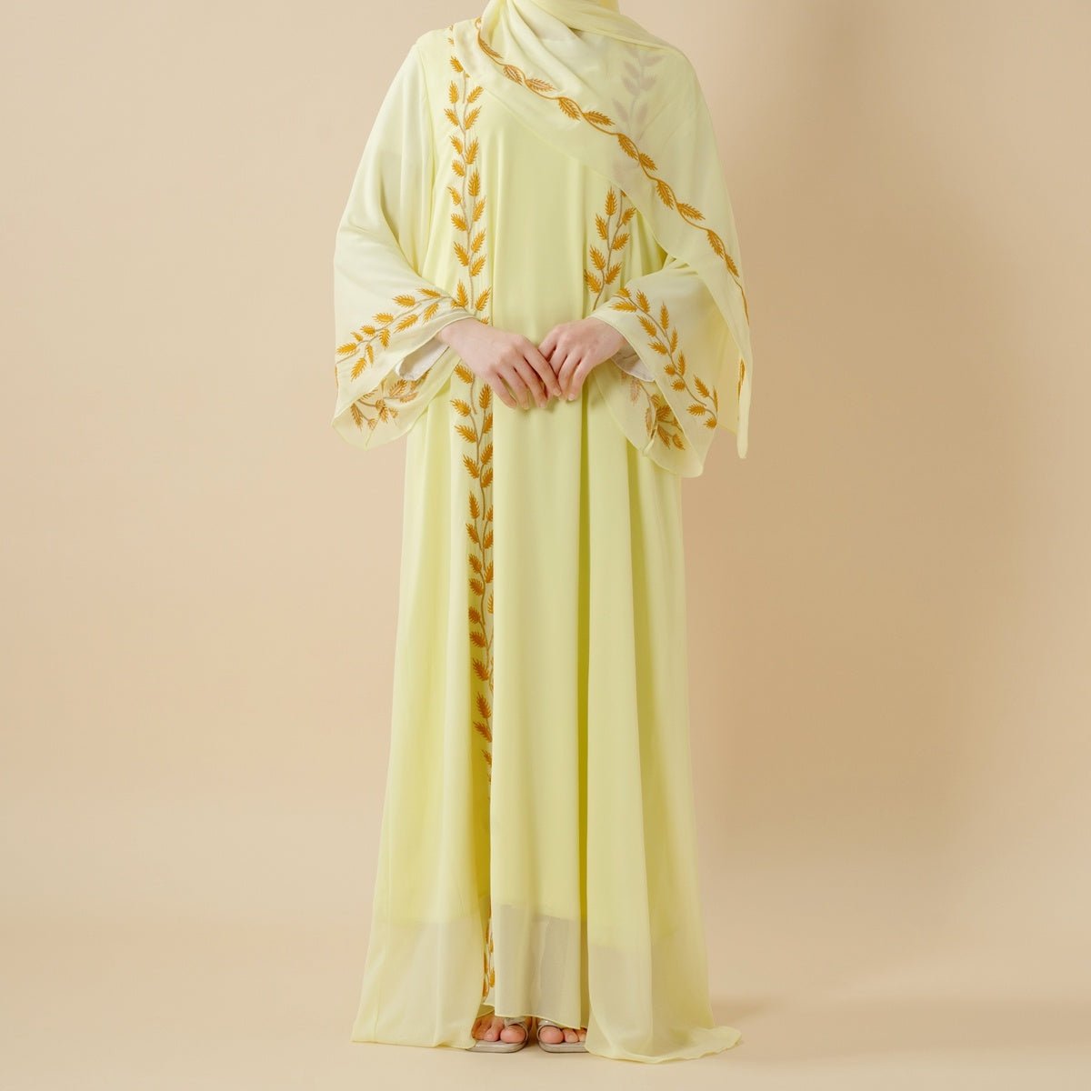 Summer Floral Embroidered Elegant Crew Neck Long Sleeve Chiffon Abaya Dress with Matching Headscarf. (MA230) - Mariam's Collection