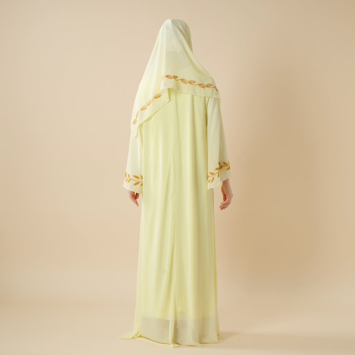 Summer Floral Embroidered Elegant Crew Neck Long Sleeve Chiffon Abaya Dress with Matching Headscarf. (MA230) - Mariam's Collection