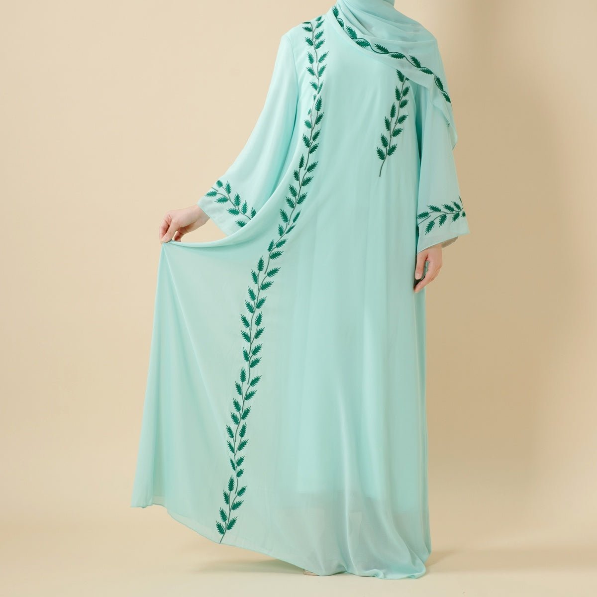 Summer Floral Embroidered Elegant Crew Neck Long Sleeve Chiffon Abaya Dress with Matching Headscarf. (MA230) - Mariam's Collection