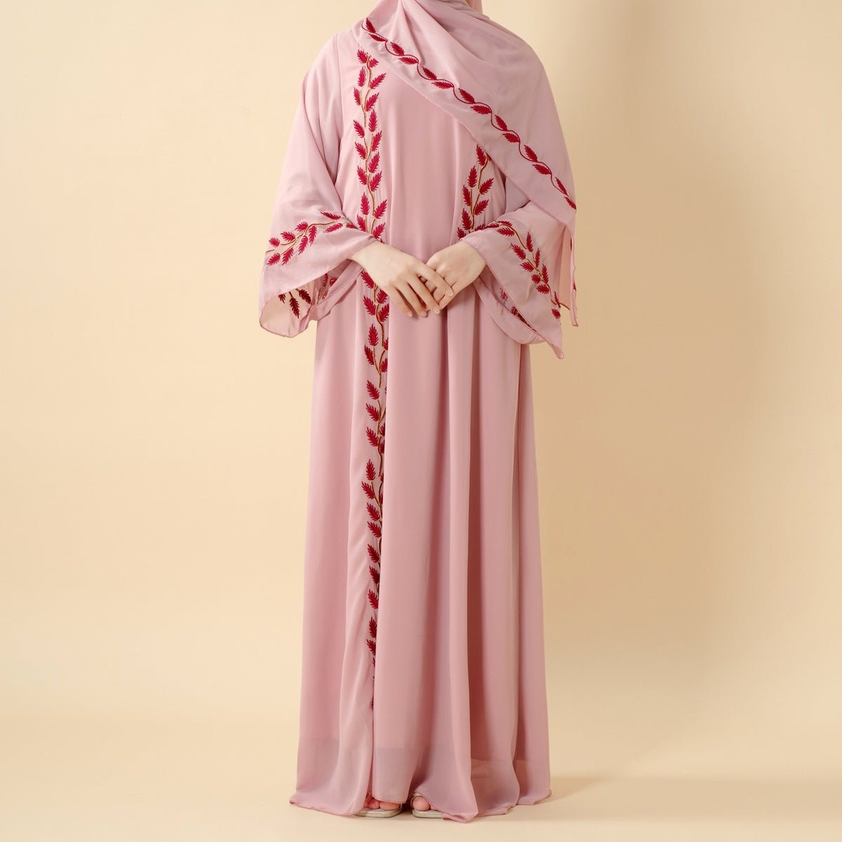 Summer Floral Embroidered Elegant Crew Neck Long Sleeve Chiffon Abaya Dress with Matching Headscarf. (MA230) - Mariam's Collection