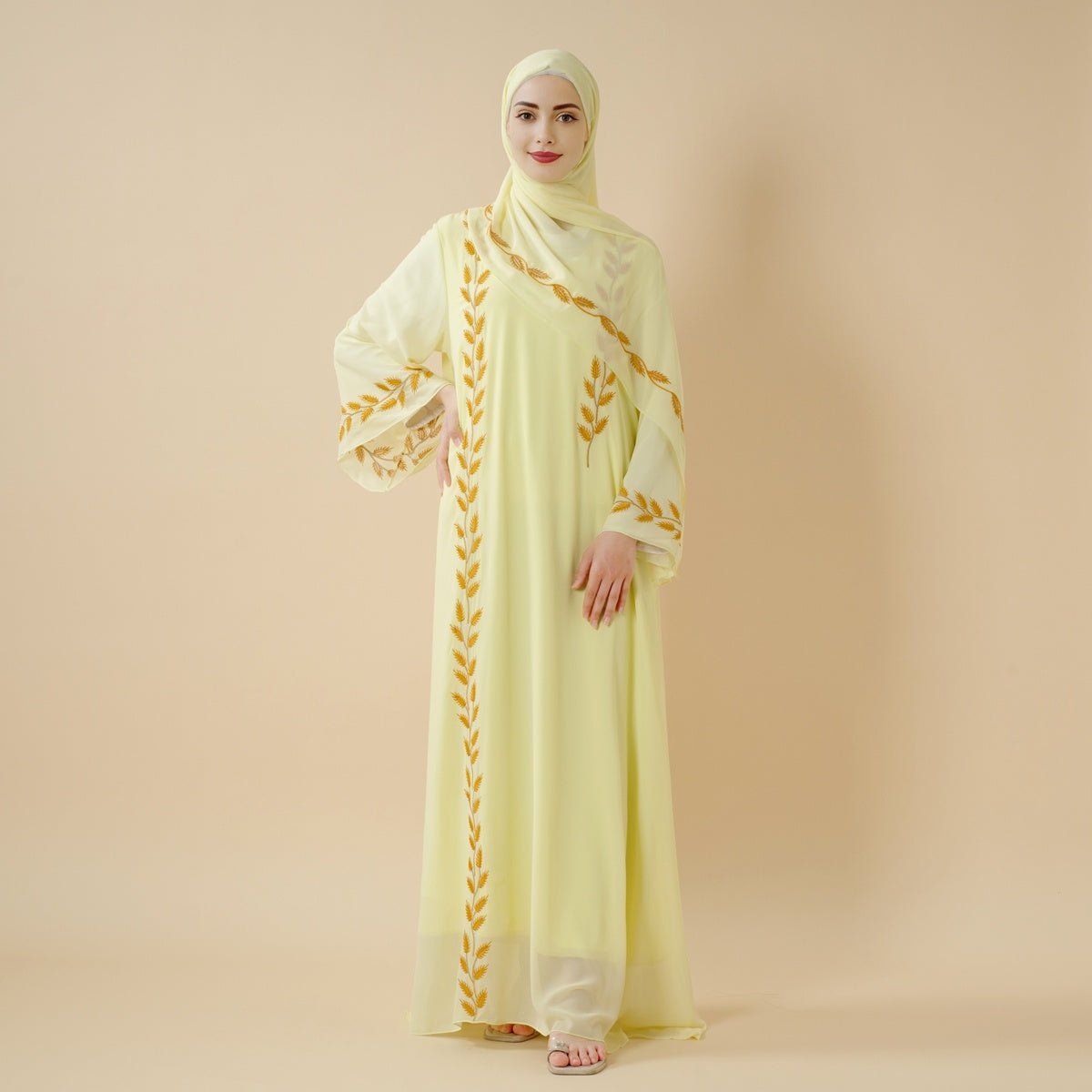 Summer Floral Embroidered Elegant Crew Neck Long Sleeve Chiffon Abaya Dress with Matching Headscarf. (MA230) - Mariam's Collection