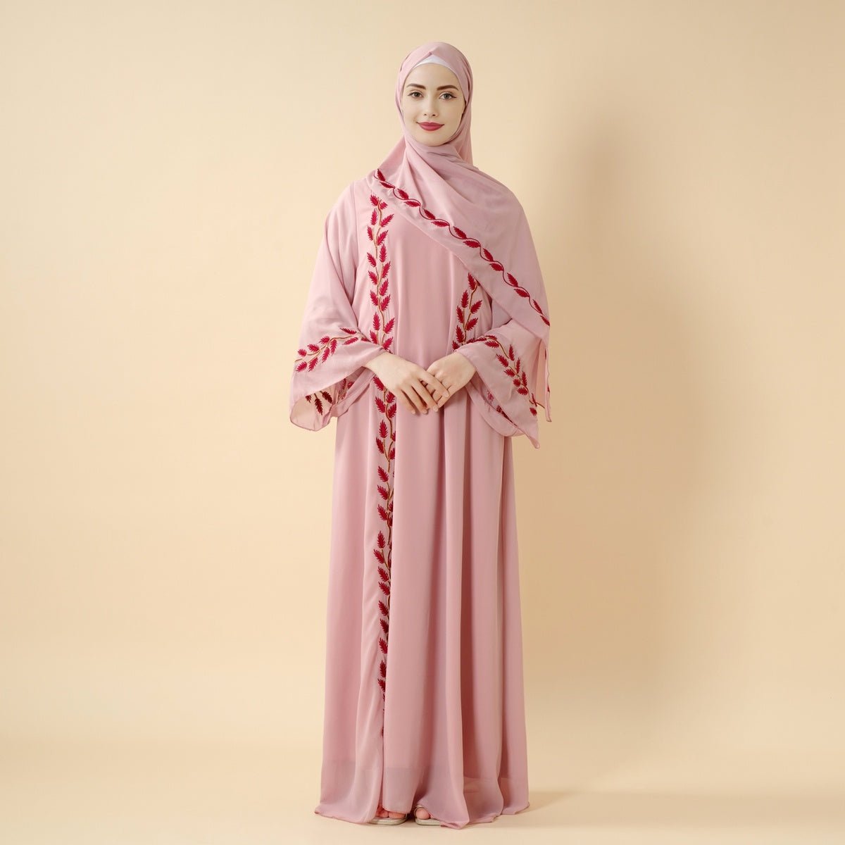 Summer Floral Embroidered Elegant Crew Neck Long Sleeve Chiffon Abaya Dress with Matching Headscarf. (MA230) - Mariam's Collection