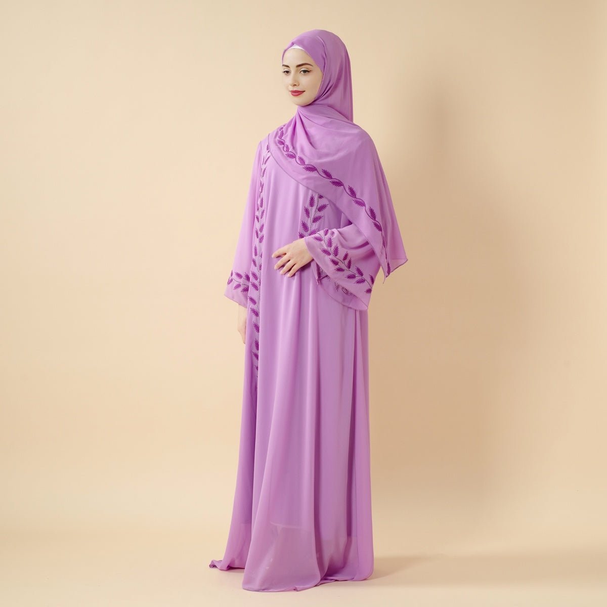 Summer Floral Embroidered Elegant Crew Neck Long Sleeve Chiffon Abaya Dress with Matching Headscarf. (MA230) - Mariam's Collection