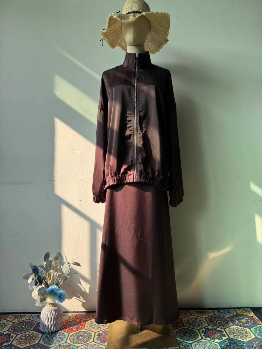 Summer New Satin Long Sleeve Modest Fashion Waist Drop Long Dress Set (MS079) - Mariam's Collection
