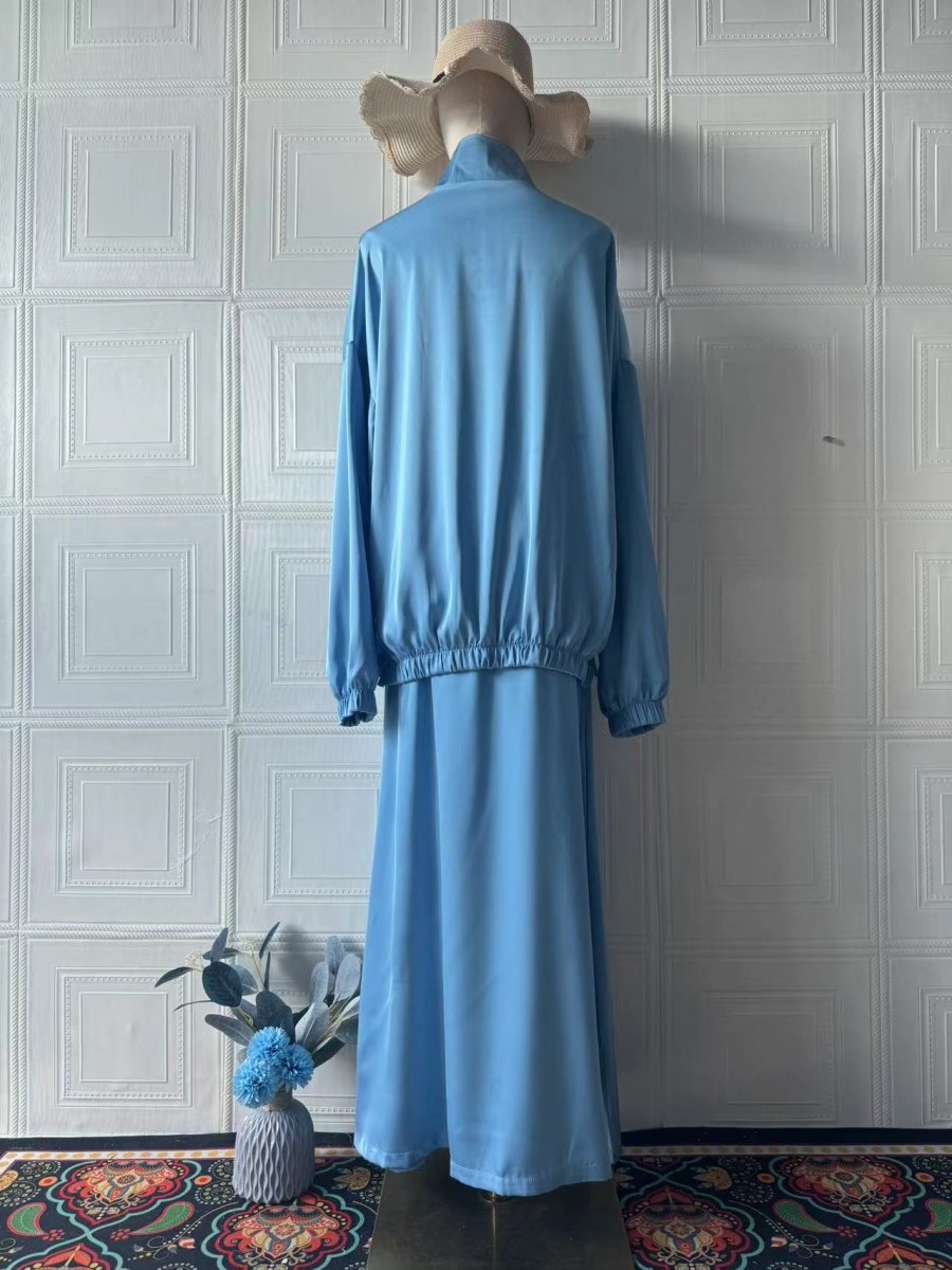 Summer New Satin Long Sleeve Modest Fashion Waist Drop Long Dress Set (MS079) - Mariam's Collection