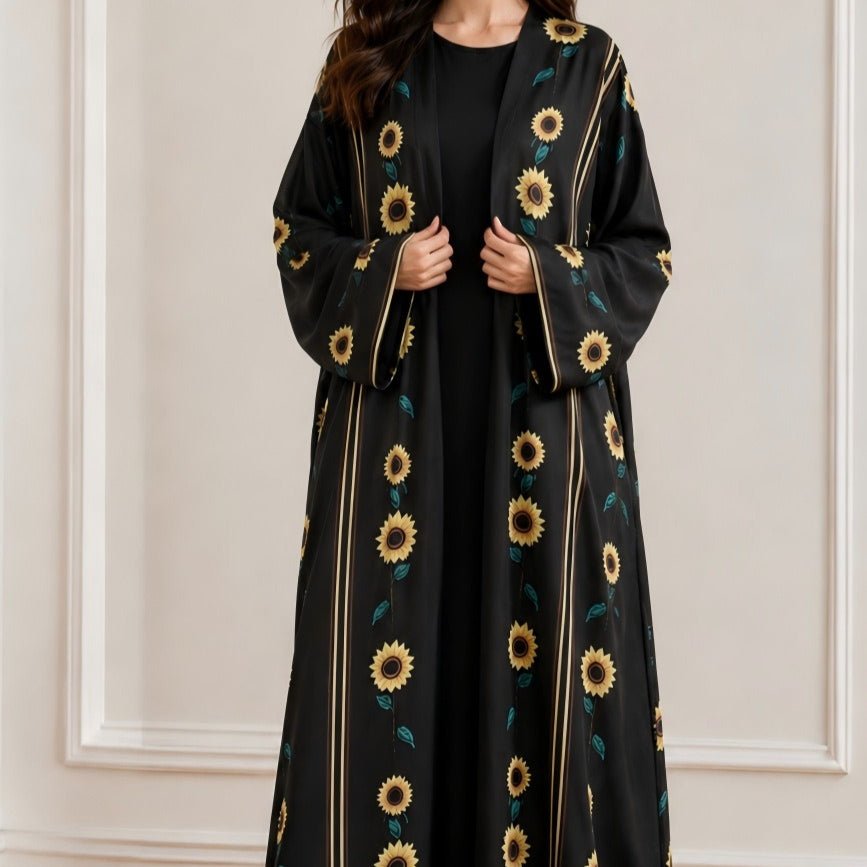 Sunflower Print Gold Trim Open Abaya(MOA338) - Mariam's Collection