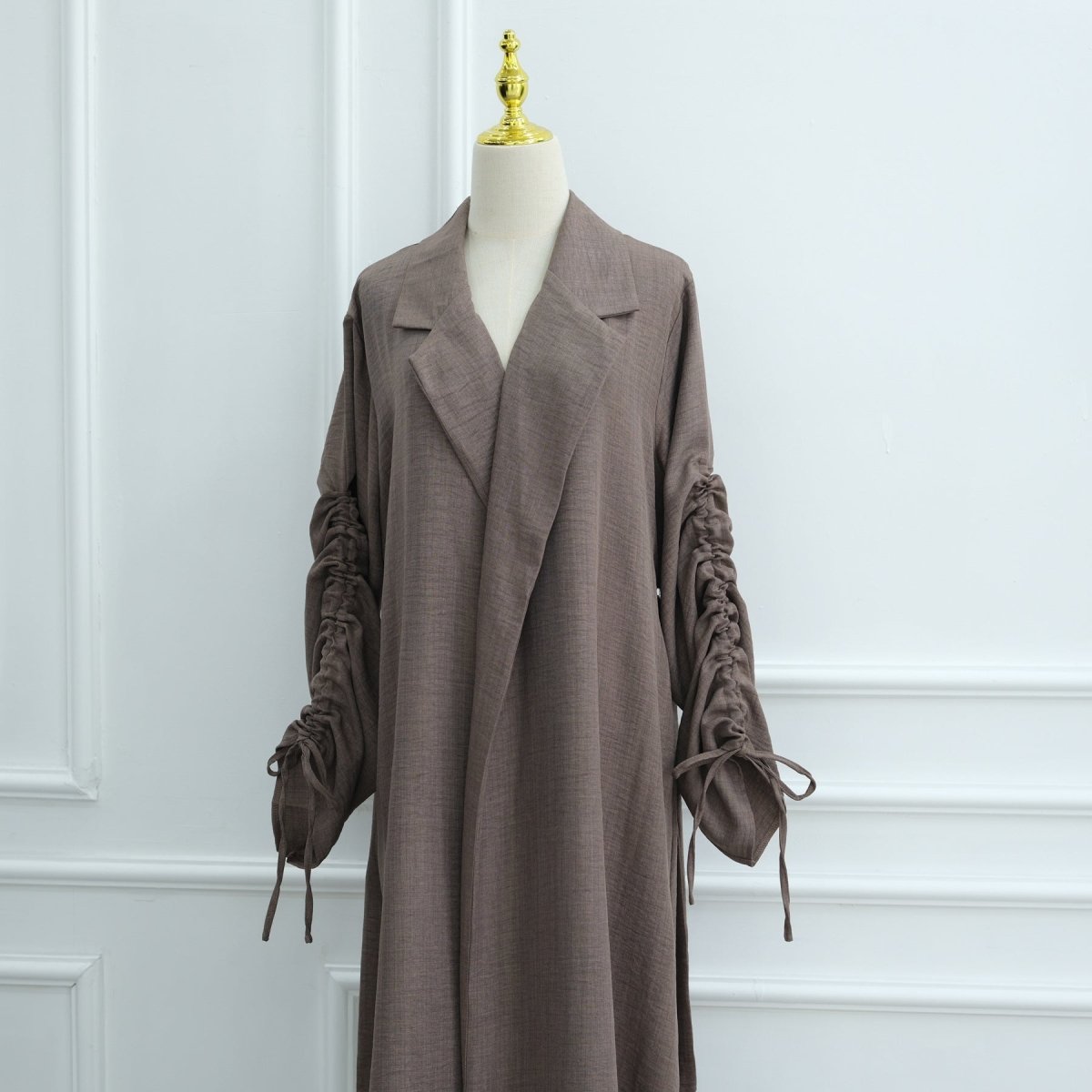 Tailored Blazer Cardigan with Ruched Sleeves | Open - Front Twill Blend Jacket(MOA246) - Mariam's Collection