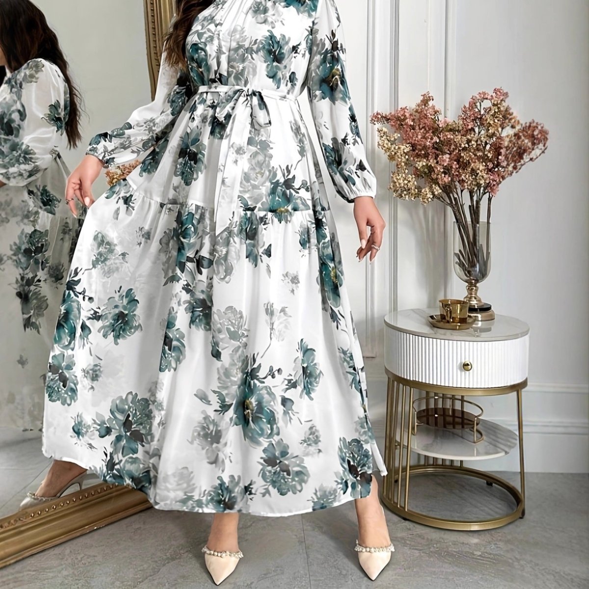 Teal Botanical Print Tiered Maxi Dress(MS399) - Mariam's Collection