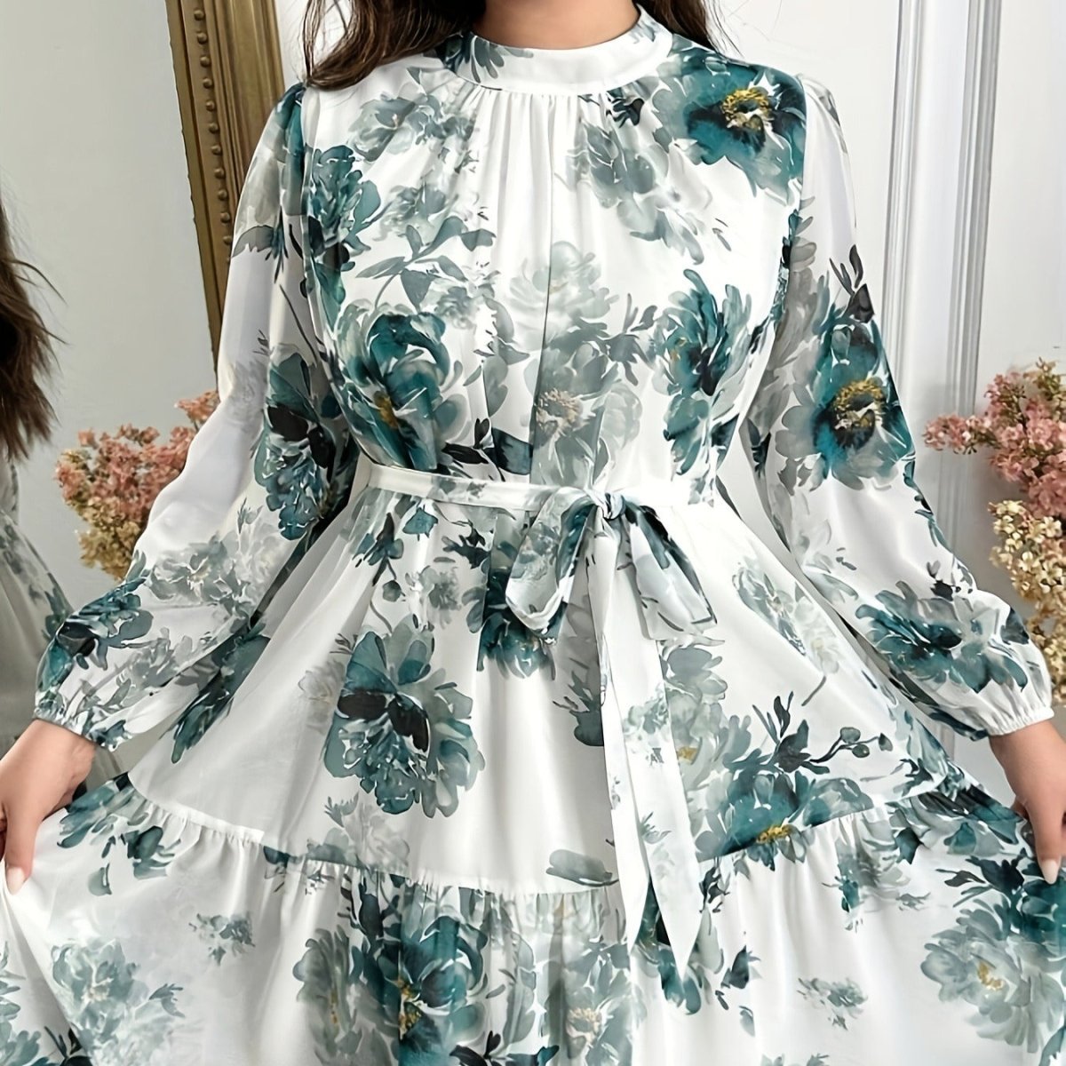 Teal Botanical Print Tiered Maxi Dress(MS399) - Mariam's Collection