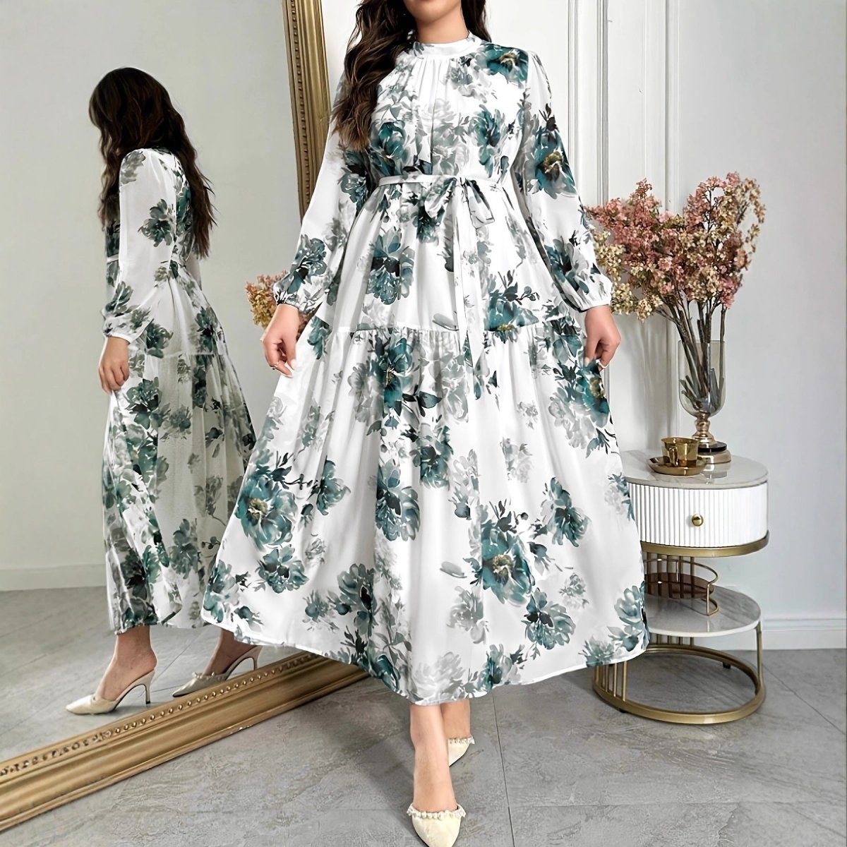 Teal Botanical Print Tiered Maxi Dress(MS399) - Mariam's Collection