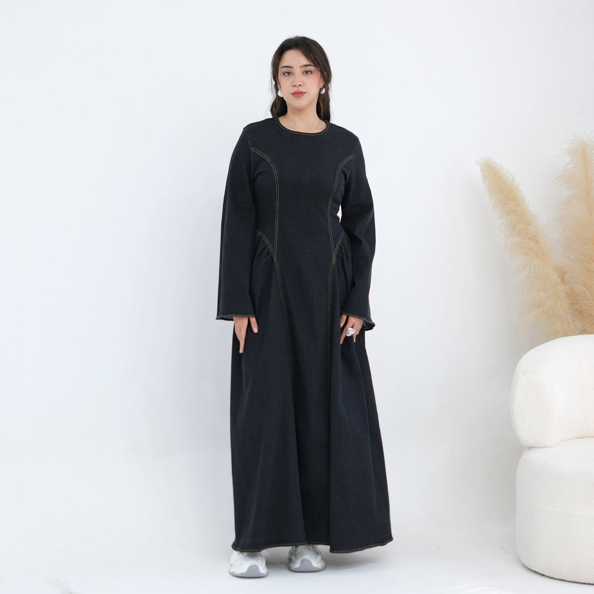 Tencel Denim Round-Neck Flared Maxi Dress(MS563) - Mariam's Collection