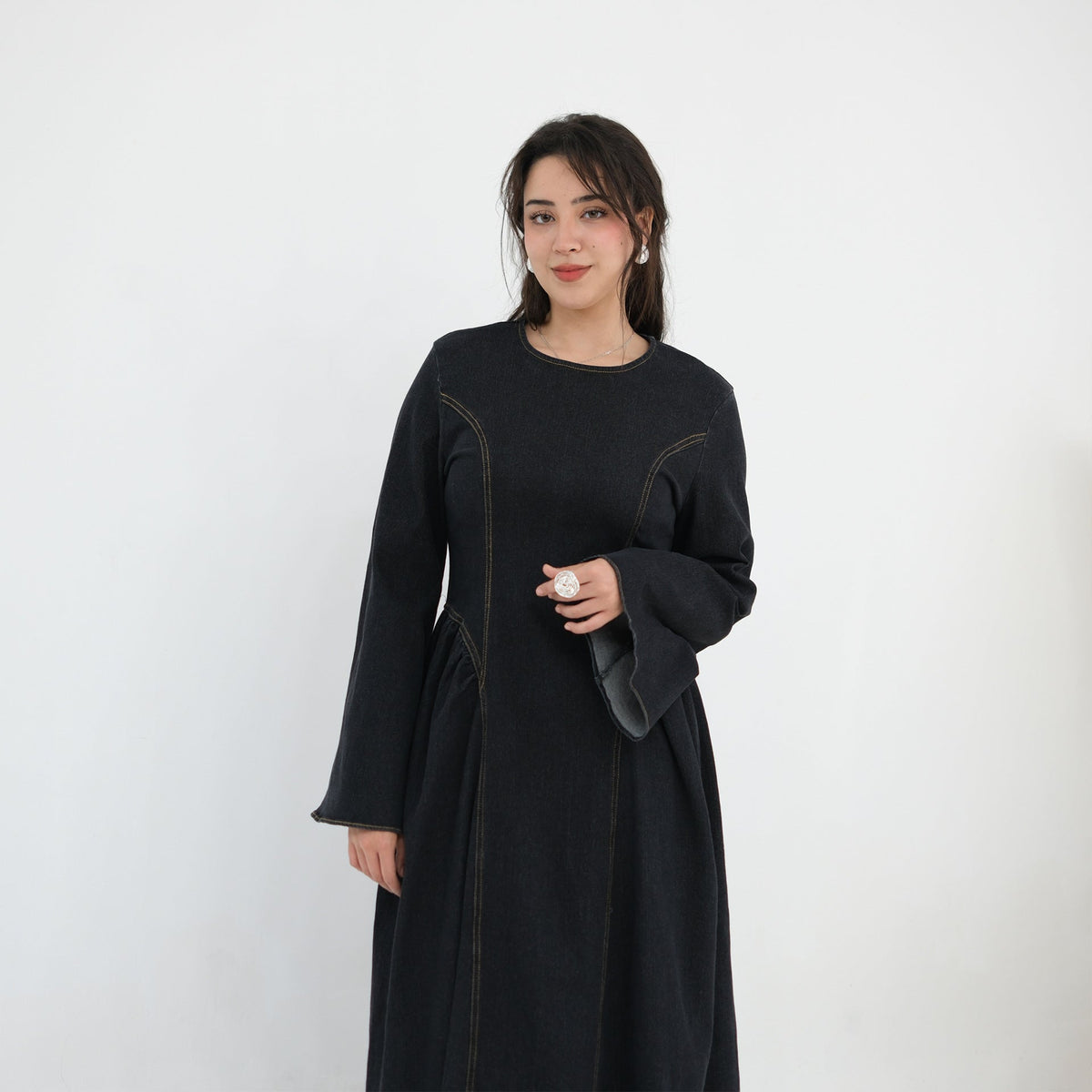 Tencel Denim Round-Neck Flared Maxi Dress(MS563) - Mariam's Collection