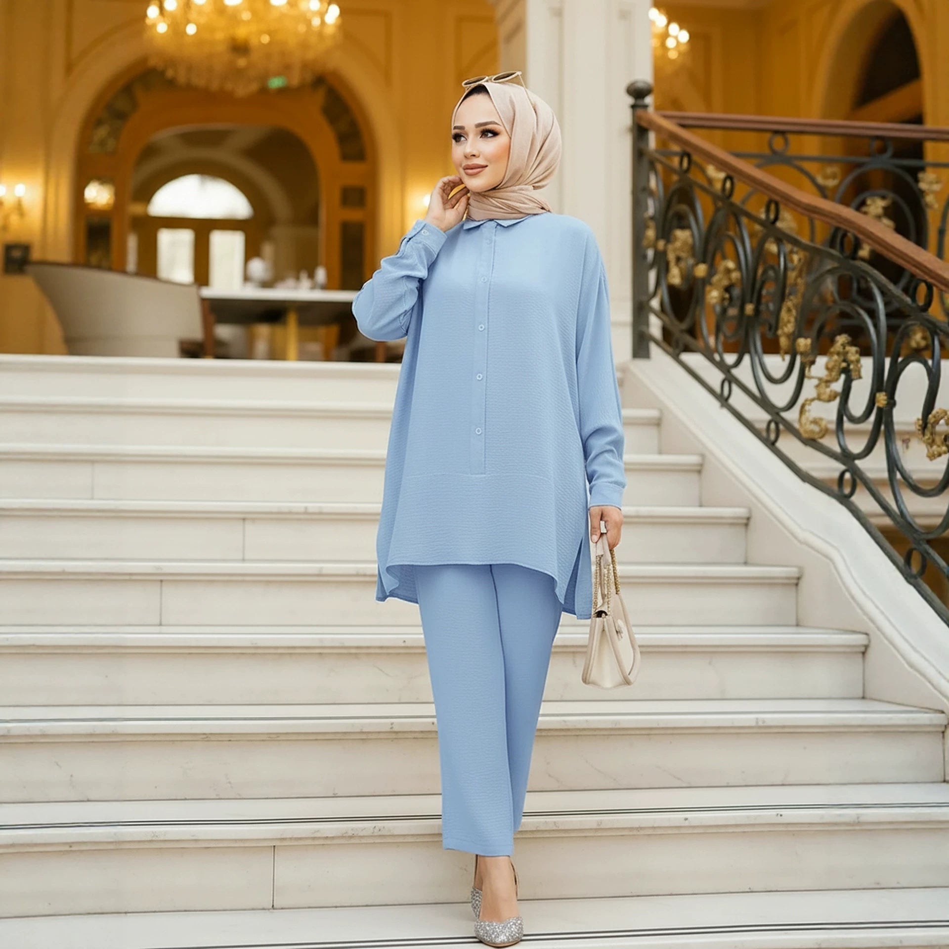 Textured Crinkle Batwing Shirt & Straight-Leg Trousers Two-Piece Co-ord Set(MS520) - Mariam's Collection