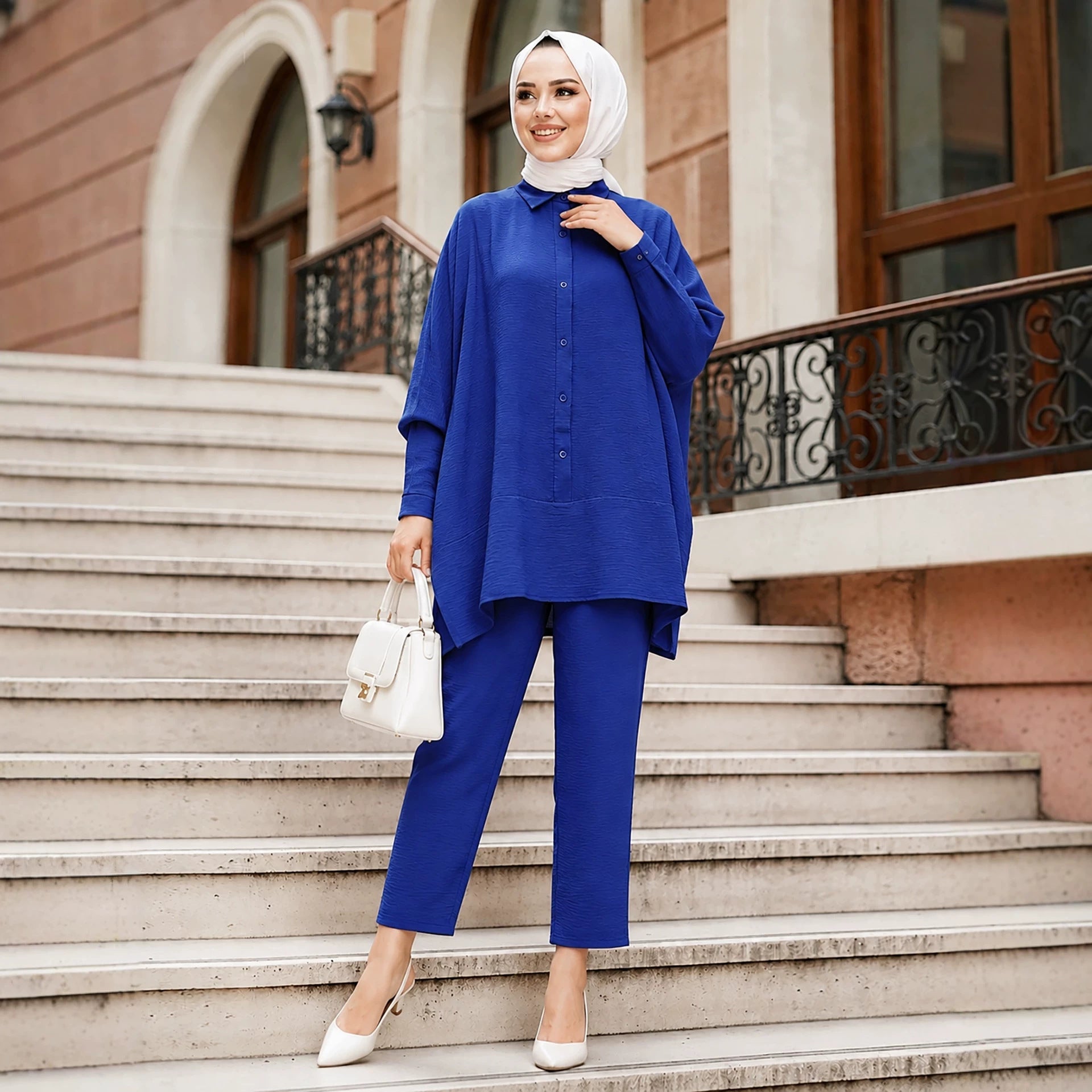 Textured Crinkle Batwing Shirt & Straight-Leg Trousers Two-Piece Co-ord Set(MS520) - Mariam's Collection