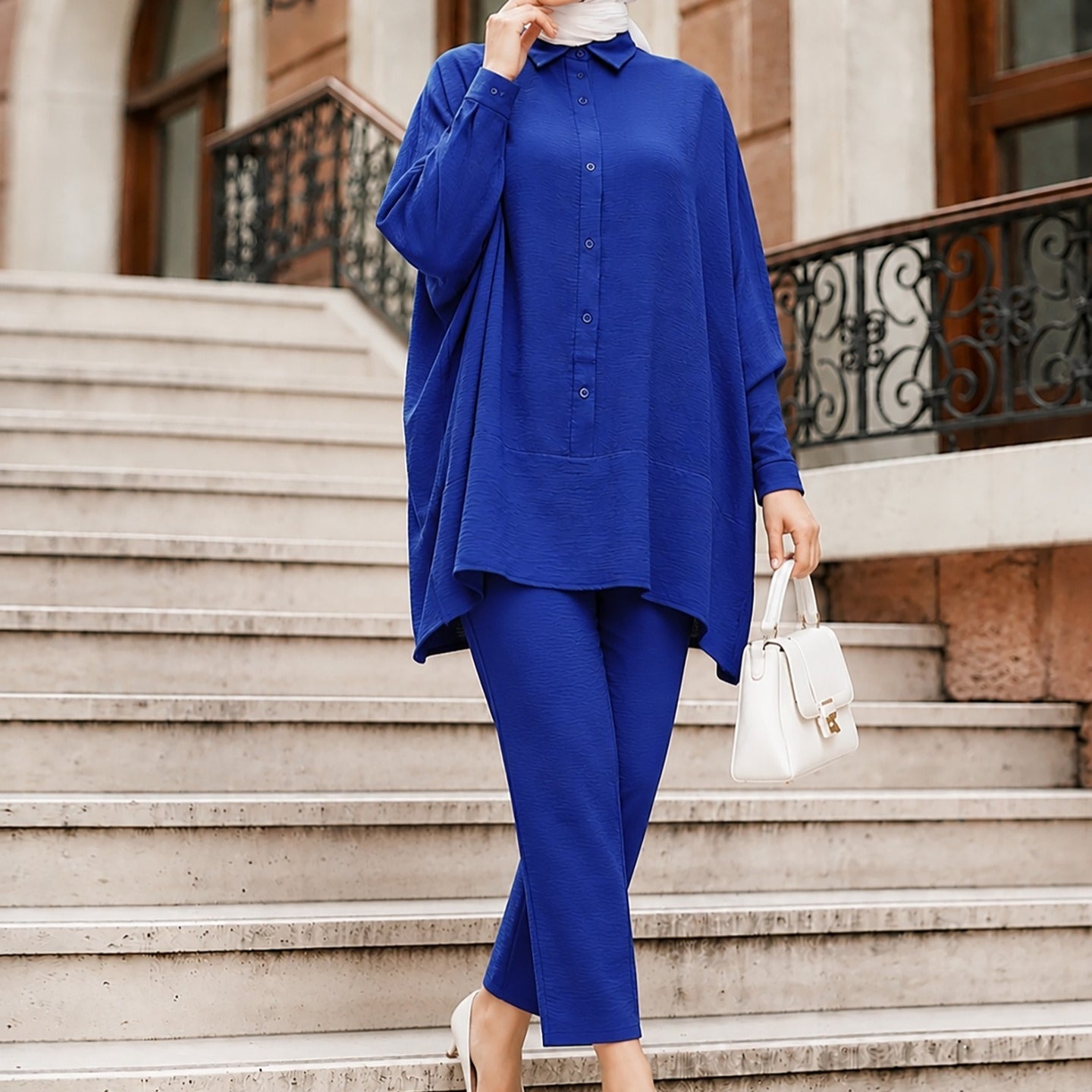 Textured Crinkle Batwing Shirt & Straight-Leg Trousers Two-Piece Co-ord Set(MS520) - Mariam's Collection