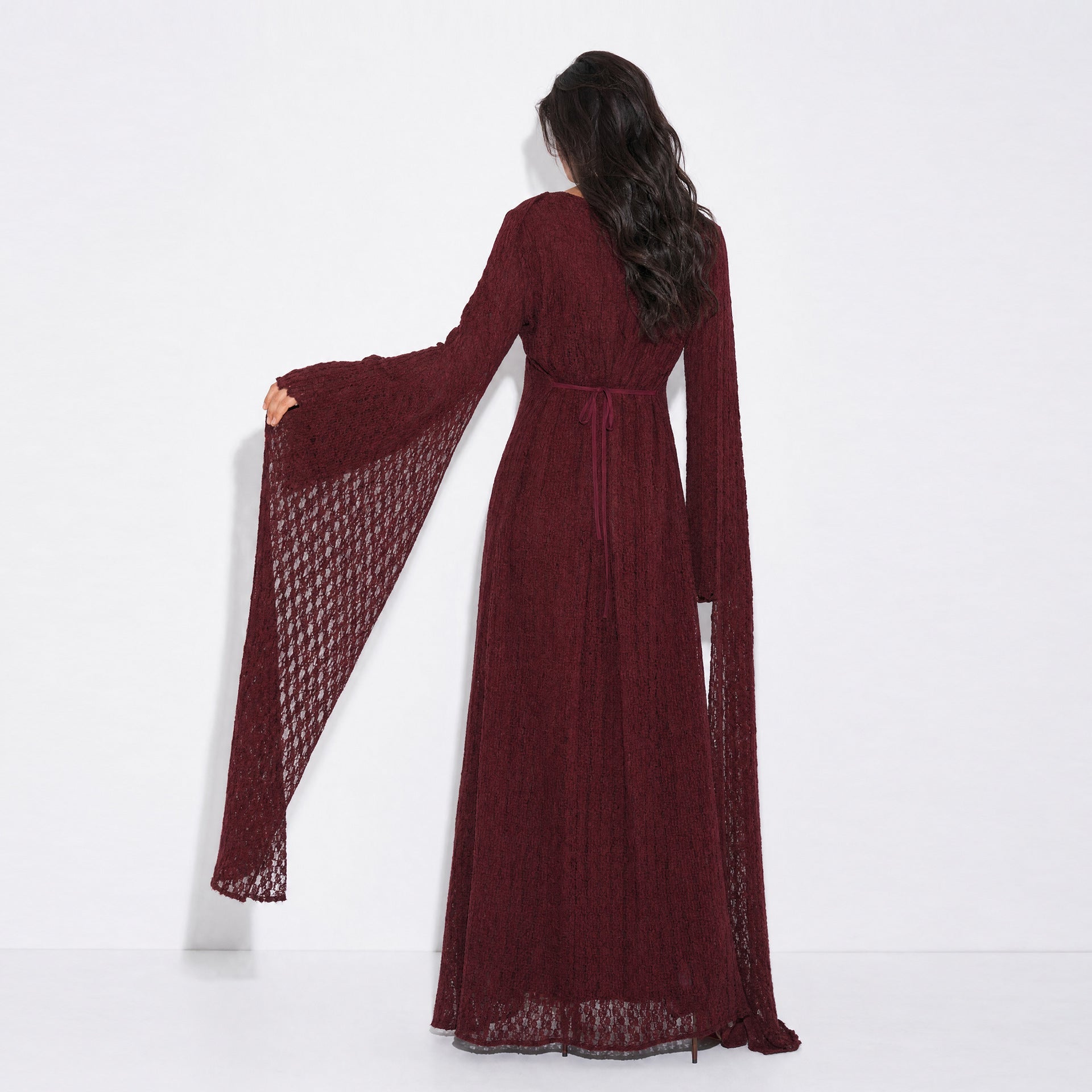 Textured Floral Lace Cape-Sleeve Lined Maxi Dress(MS519) - Mariam's Collection