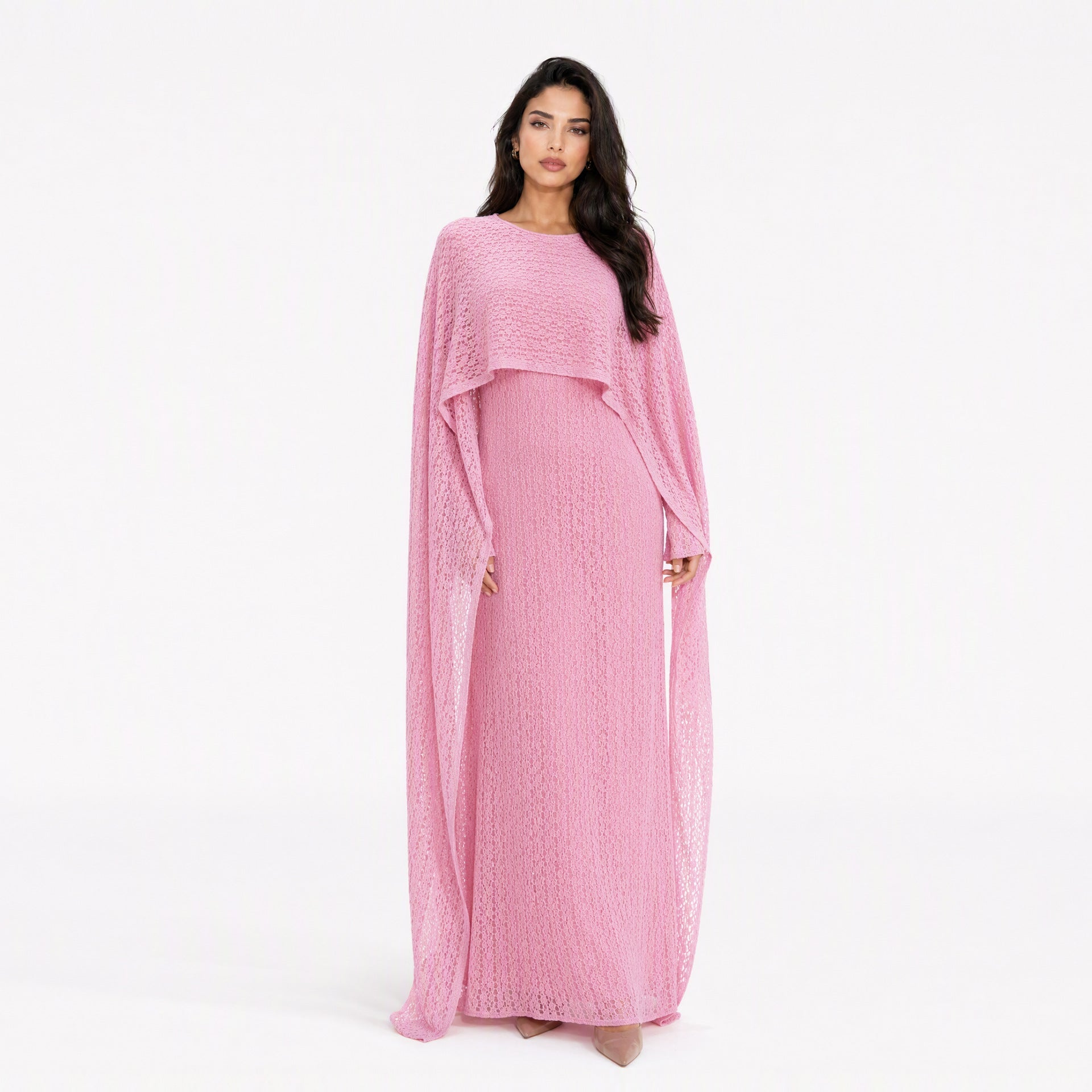Textured Floral Lace Cape-Sleeve Lined Maxi Dress(MS519) - Mariam's Collection