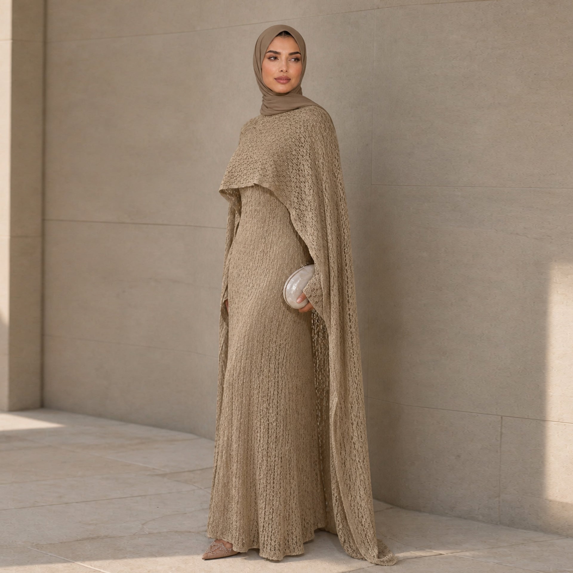 Textured Floral Lace Cape-Sleeve Lined Maxi Dress(MS519) - Mariam's Collection