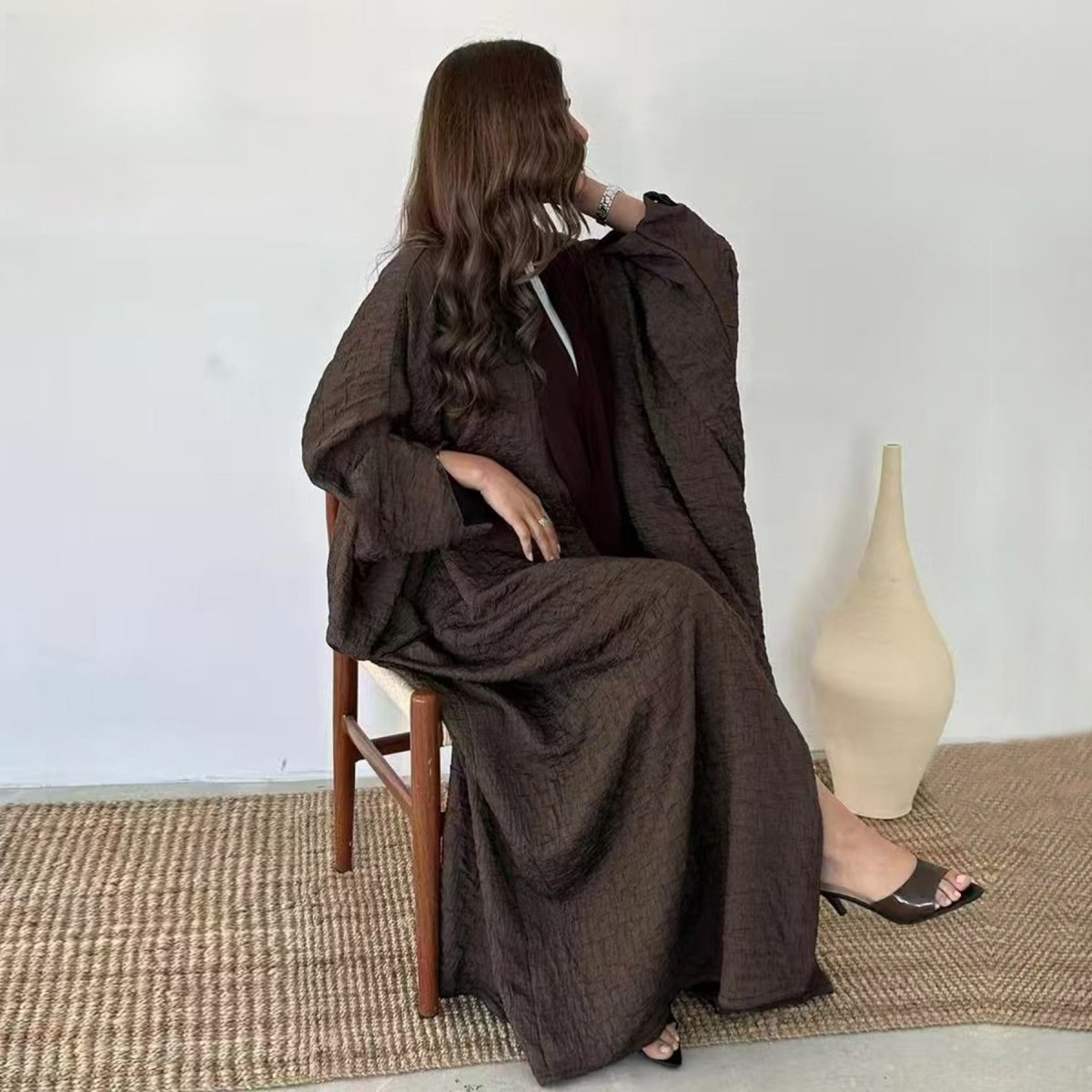 Textured Jacquard Abaya with Batwing Cardigan & Belt(MOA281) - Mariam's Collection