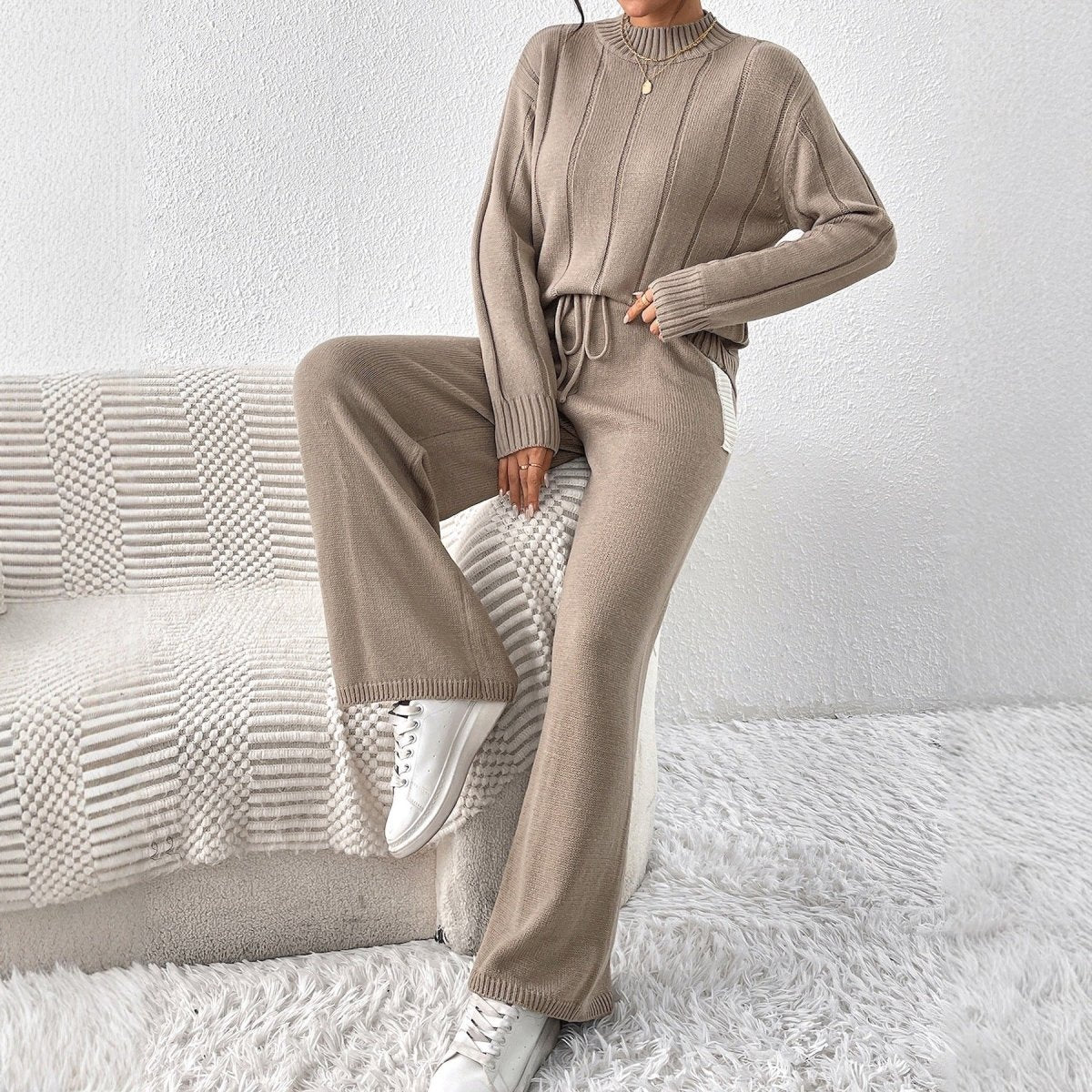 Textured Knit Sweater & Wide-Leg Trouser Set(MS448) - Mariam's Collection