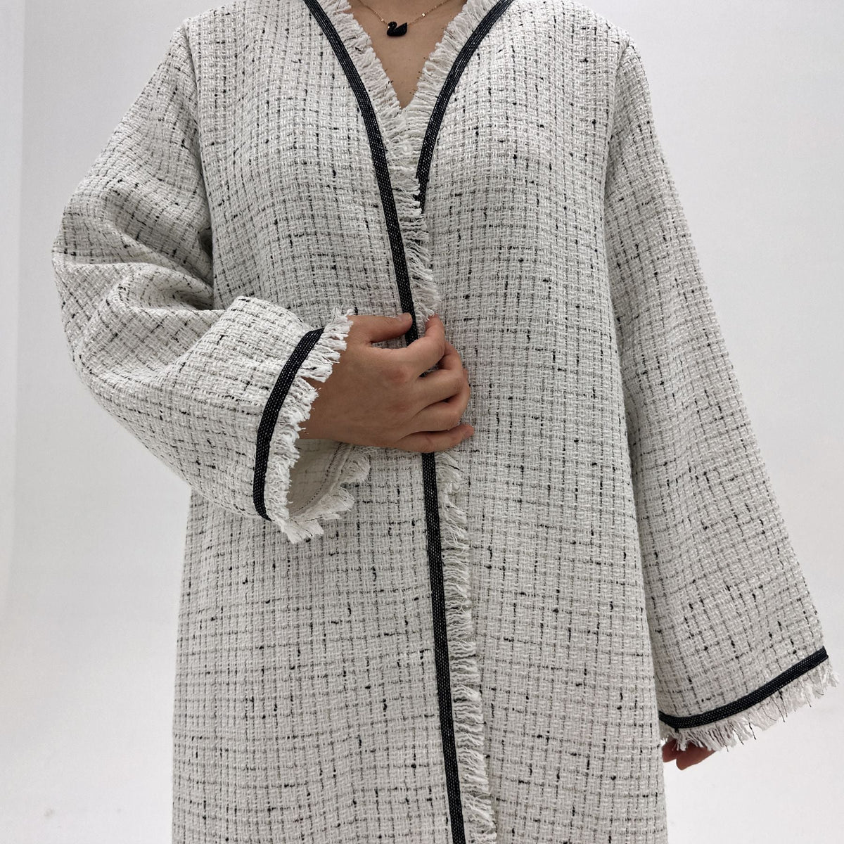 Textured Longline Open Abaya | Fringe-Trim Autumn Layer(MOA355) - Mariam's Collection
