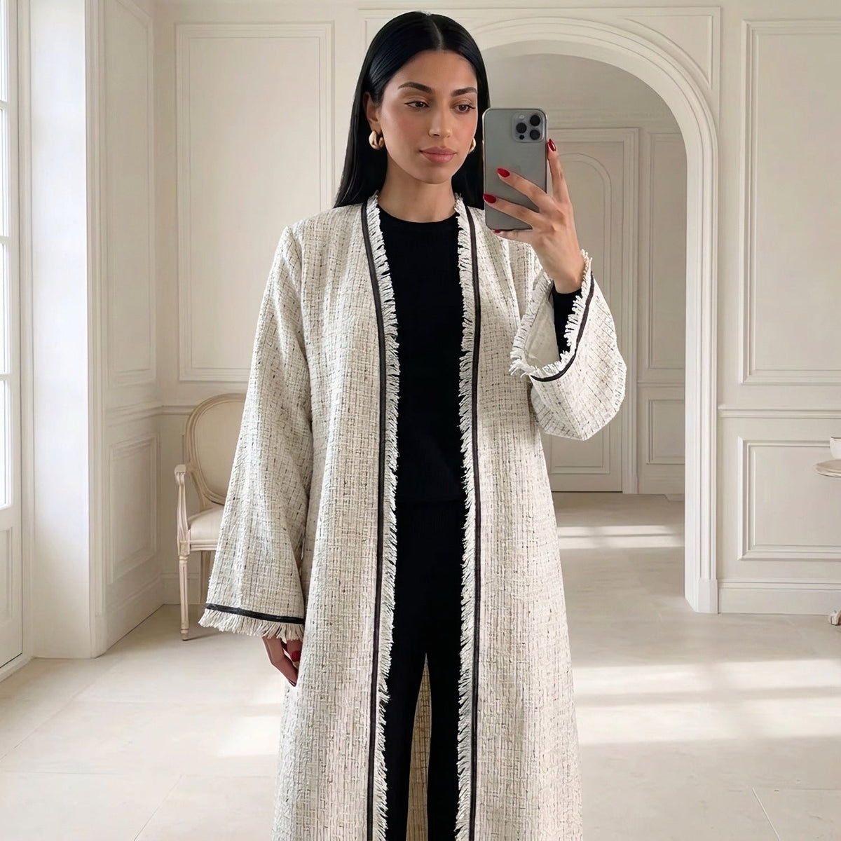 Textured Longline Open Abaya | Fringe-Trim Autumn Layer(MOA355) - Mariam's Collection