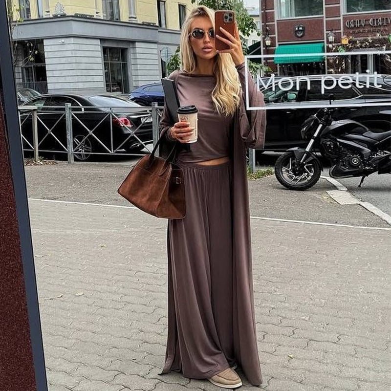 Three-Piece Long Sleeve Crop Top and Pants with Long Cardigan Outfit Set