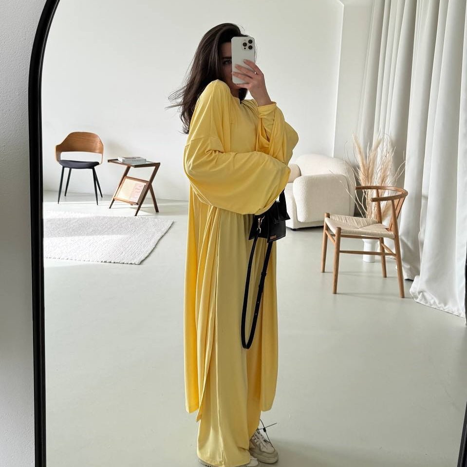 Three - Piece Cape Cardigan Set | Crop Top & Wide - Leg Pants Outfit(MS258) - Mariam's Collection