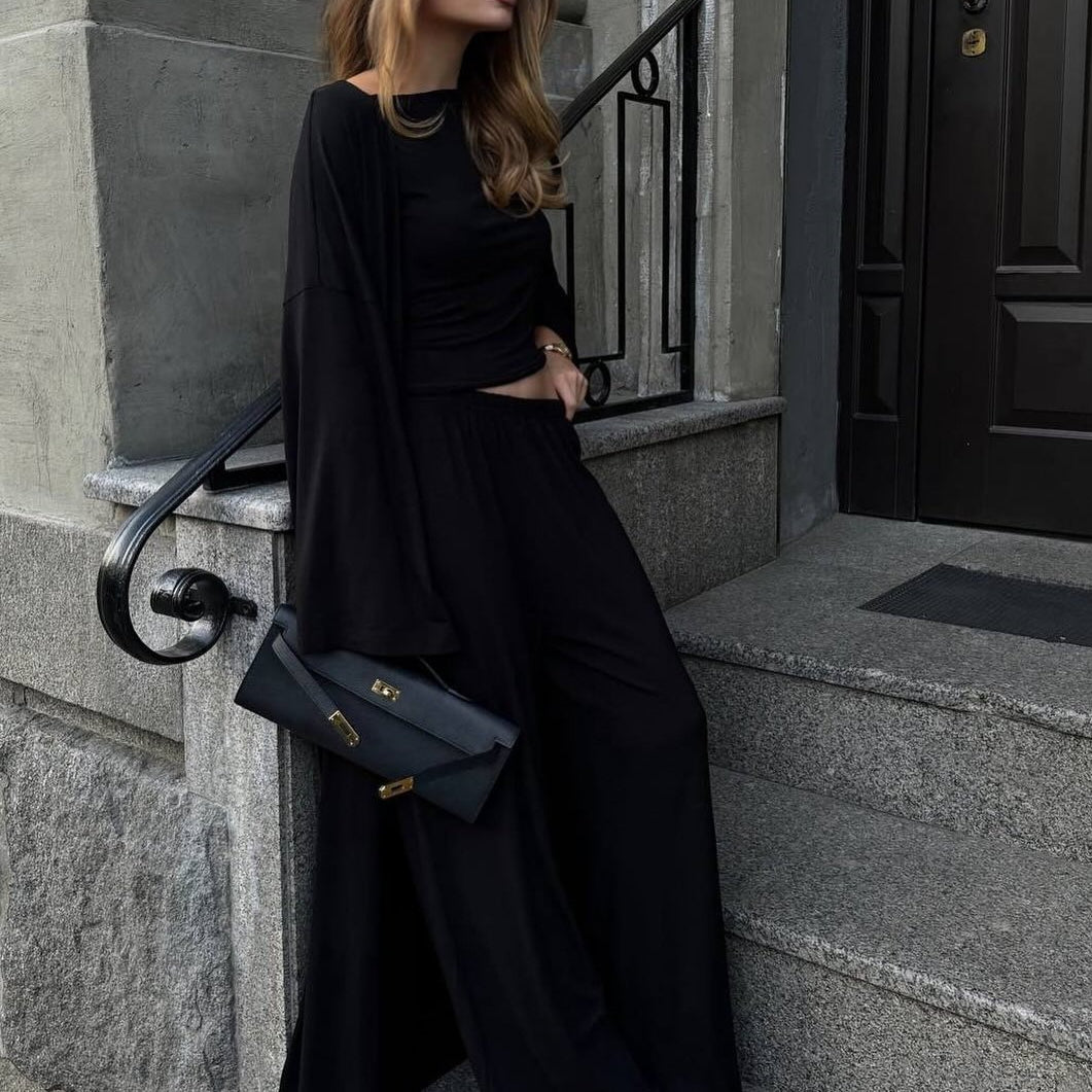 Three - Piece Cape Cardigan Set | Crop Top & Wide - Leg Pants Outfit(MS258) - Mariam's Collection