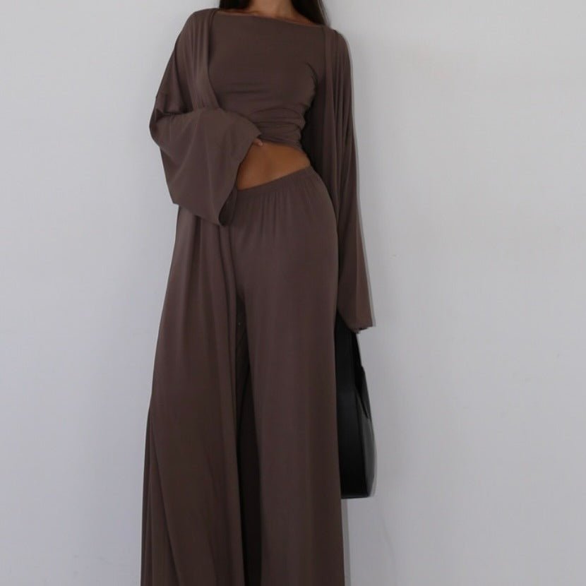 Three - Piece Cape Cardigan Set | Crop Top & Wide - Leg Pants Outfit(MS258) - Mariam's Collection