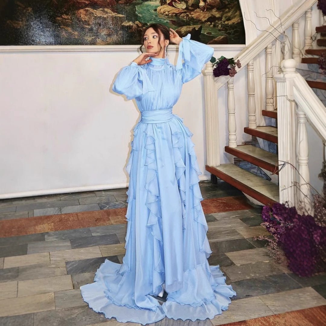 Tiered Ruffle Chiffon Evening Gown | High Neck Bow Sleeve Maxi Dress(MA349) - Mariam's Collection