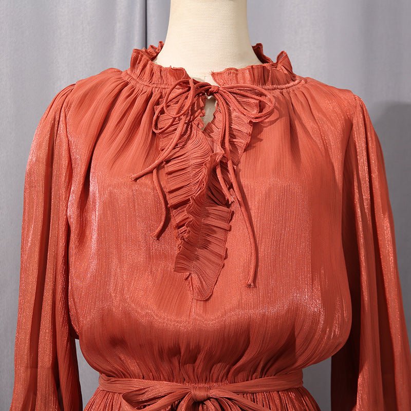 Flowing tiered ruffle maxi skirt layers in burgundy wine satin