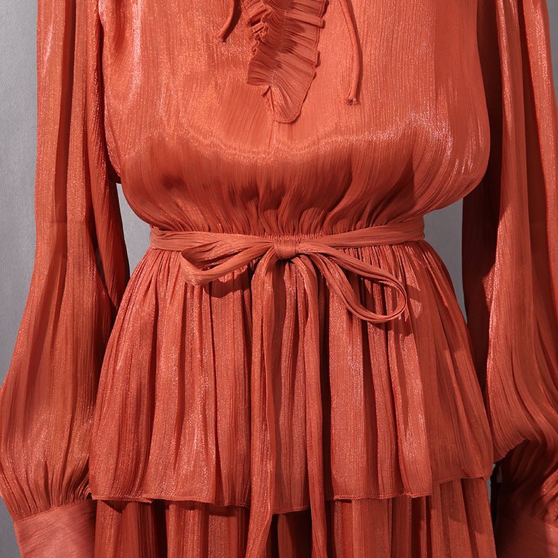 Side profile of tiered ruffle dress showing skirt movement and silhouette