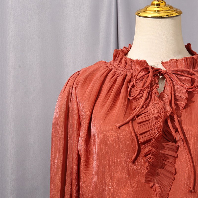 Bishop sleeve with elasticated cuff detail on shimmer satin evening dress