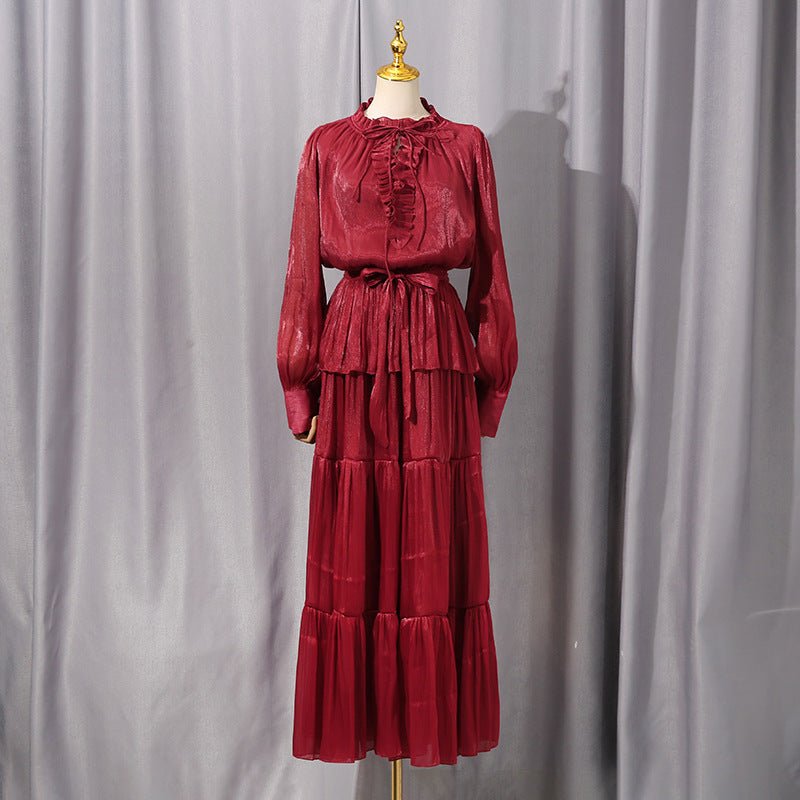 Model wearing tiered ruffle maxi dress at formal evening occasion